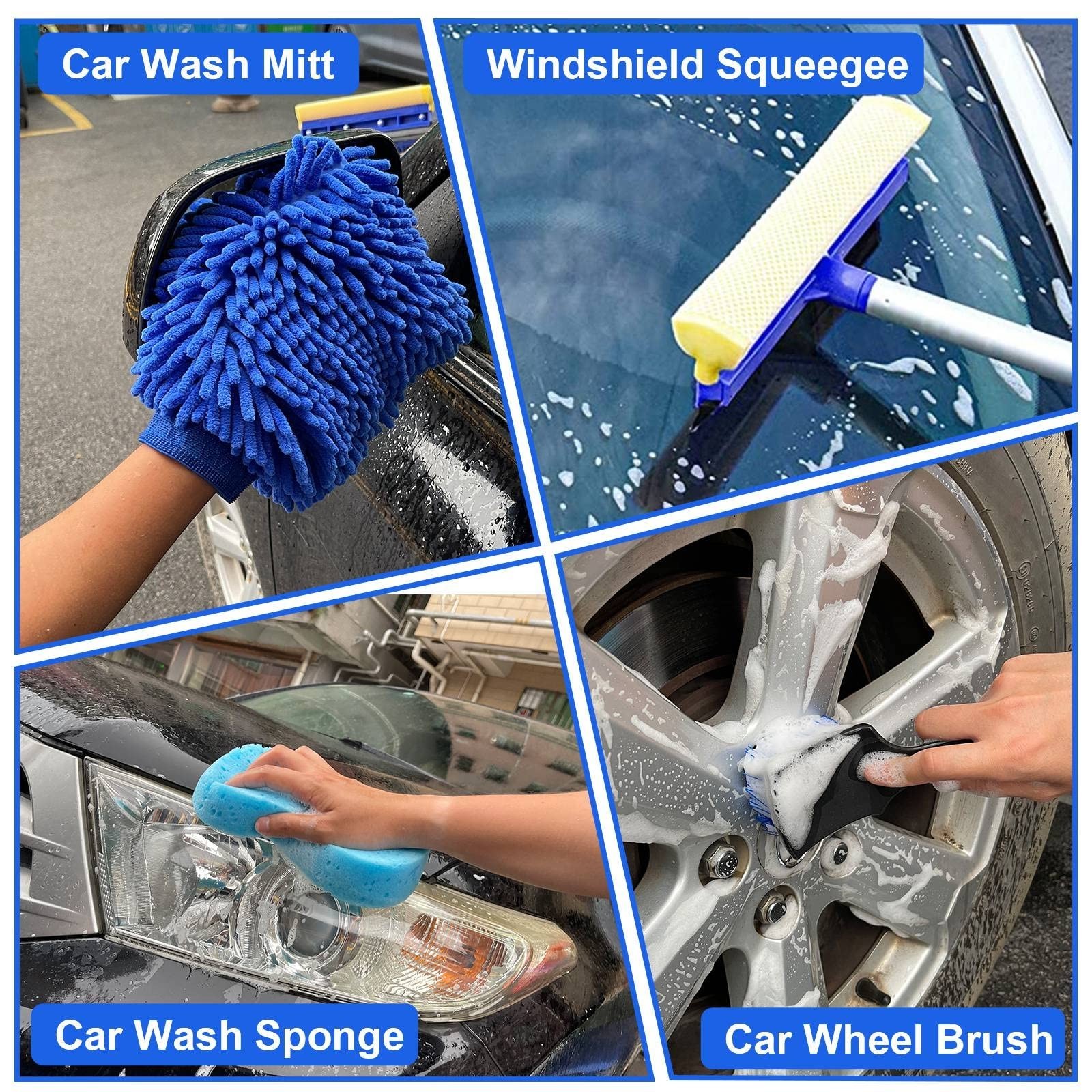 21Pcs Car Wash Kit – 62″ Long Handle Brush, Detailing Brushes, Bucket & Squeegee
