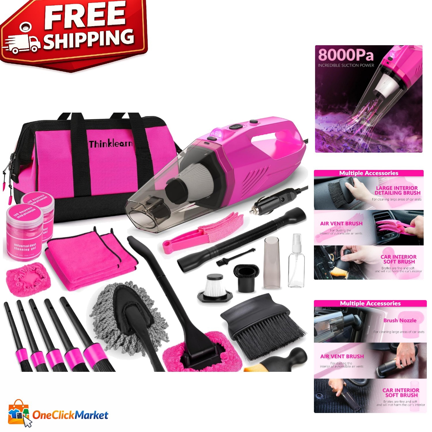 Stylish Pink Car Vacuum Cleaning Set: High Power & 7 Essential Accessories