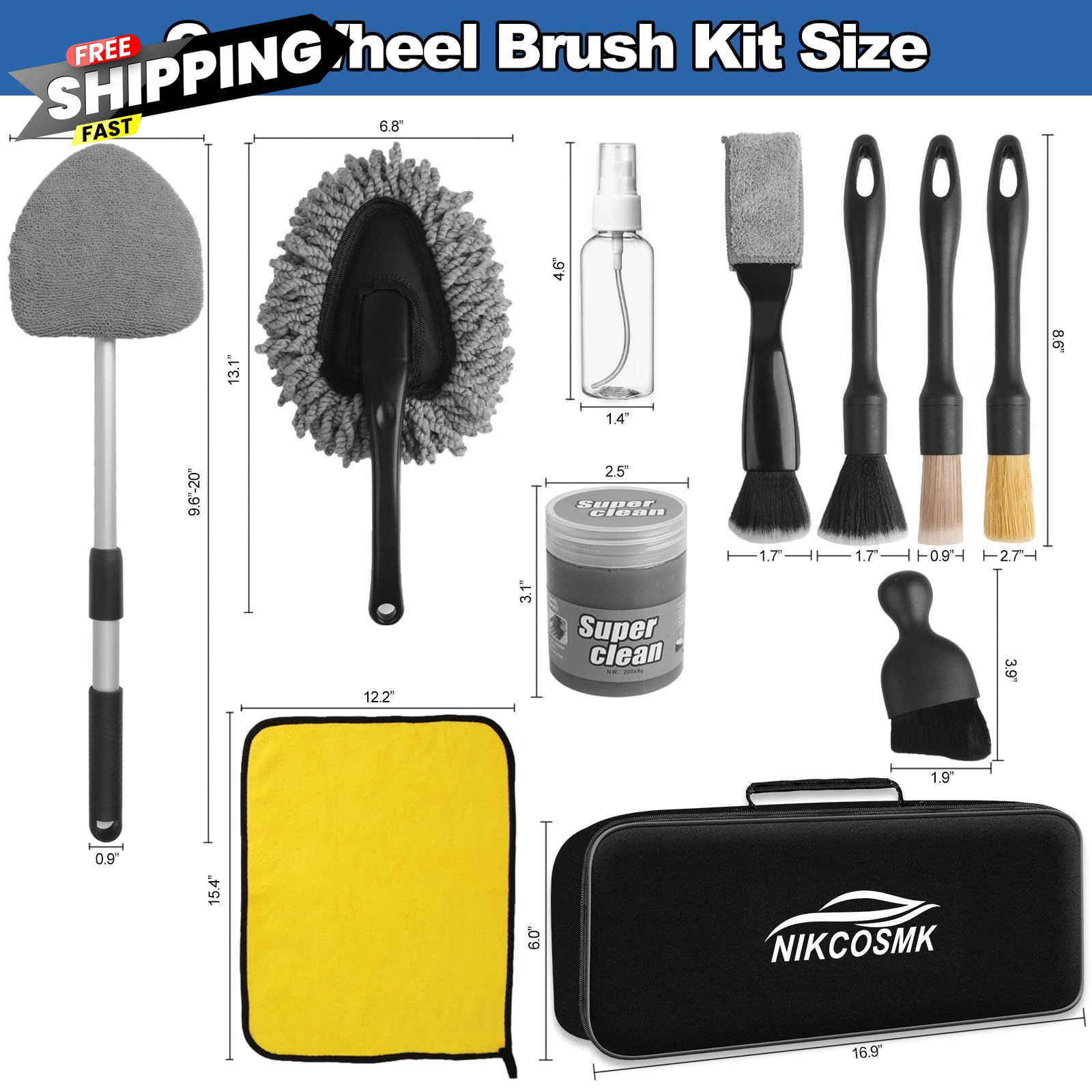 NIKCOSMK Windshield Cleaner Tool, 14Pcs Car Cleaning Kit – Interior Black