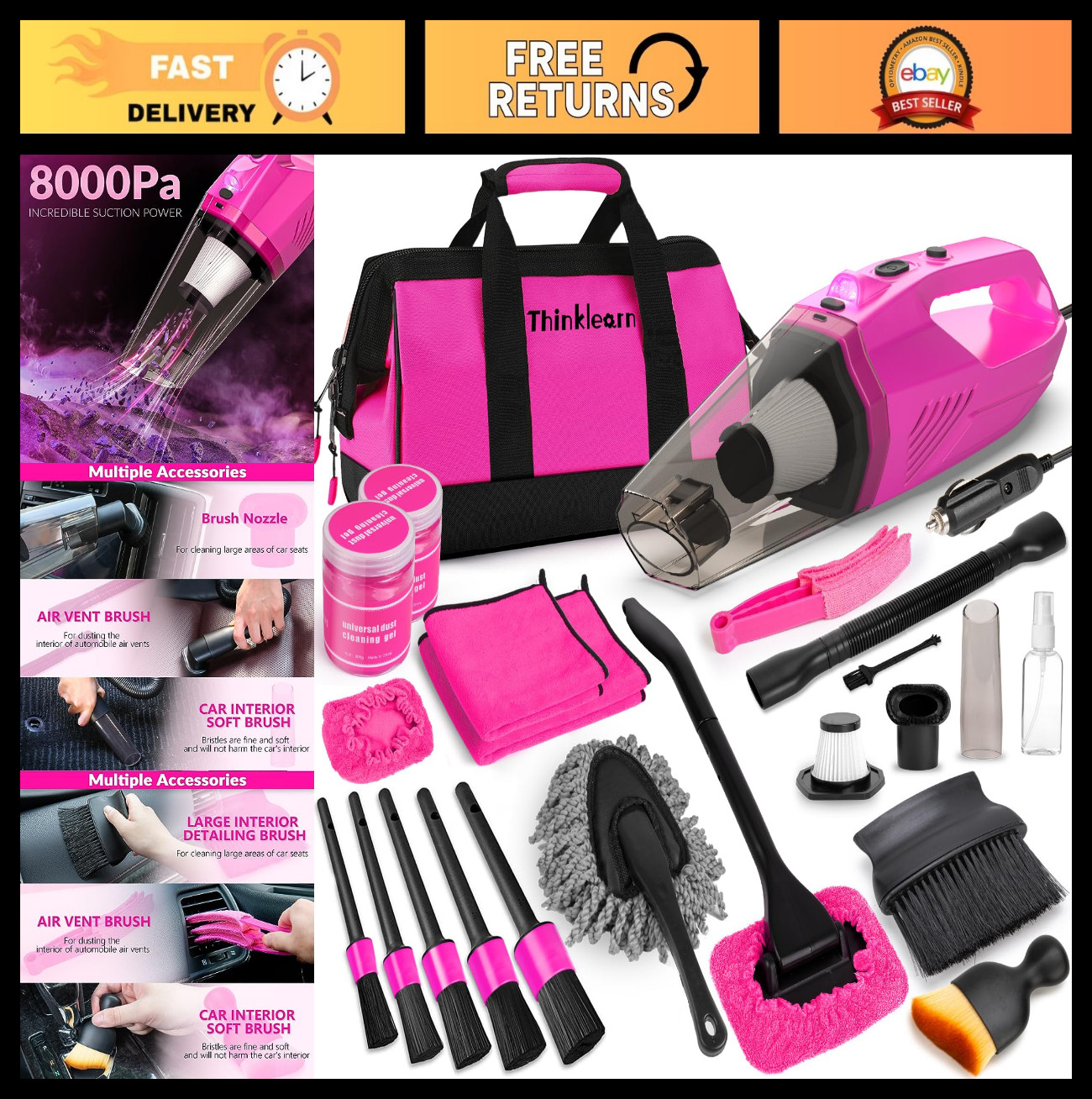 High-Power Handheld Car Vacuum & Detailing Kit, 7-Pc Brush Set, Pink Accessories