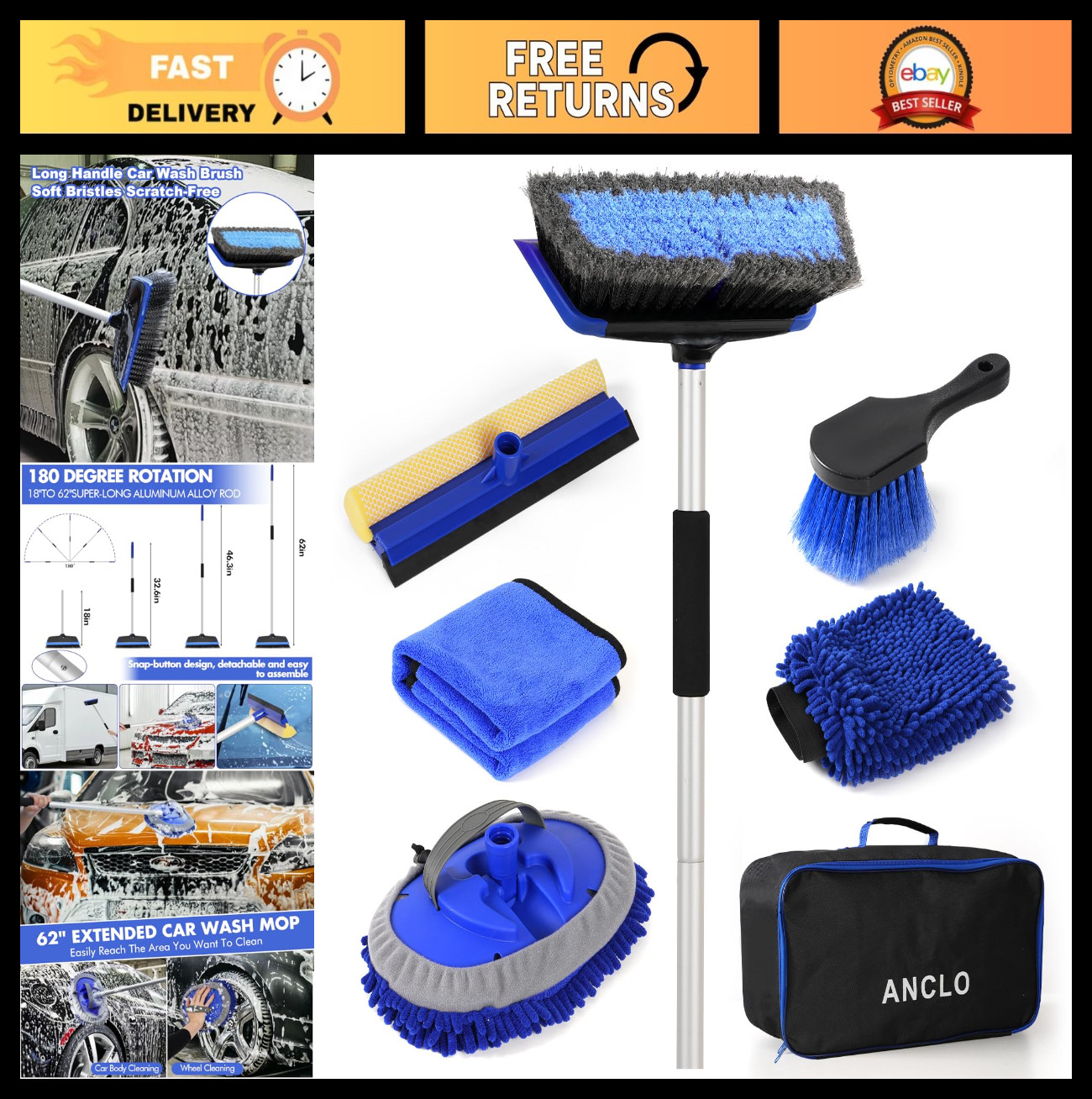 62” Long Handle Car Wash Brush Kit – Scratch-Free Mop, Tire Brush, Mitt & Squee