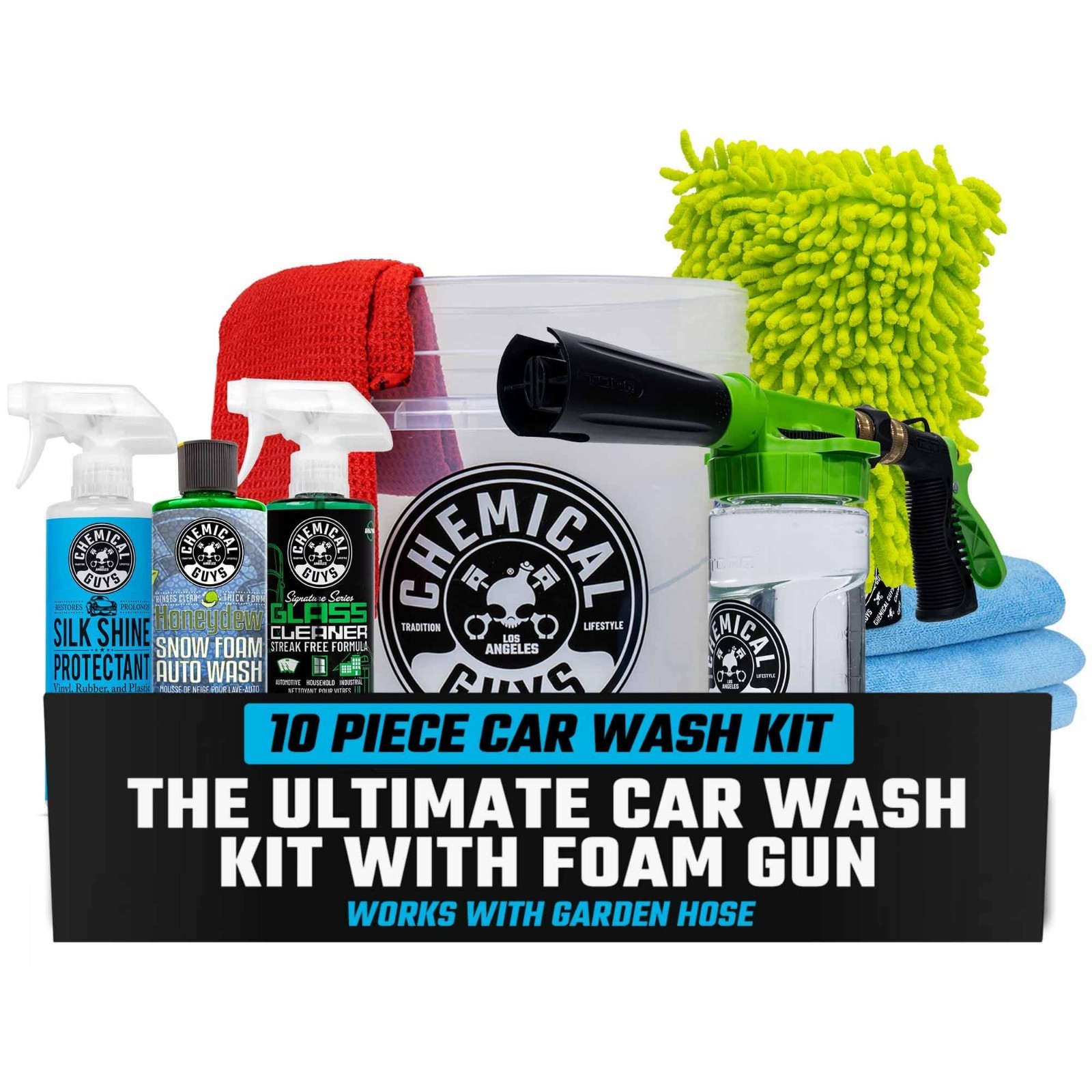 10-Piece Car Wash Kit with Foam Gun, Bucket & 3 Car Care Products – Garden Hose