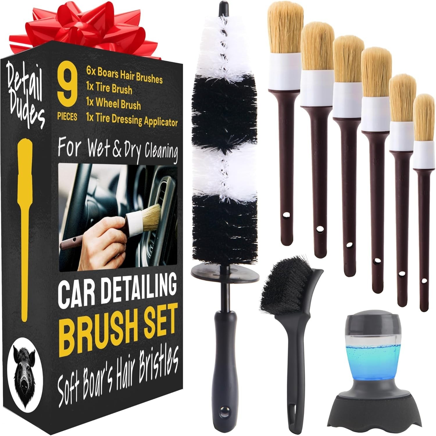 Car Detailing Brush Set 9-pc – Boars Hair Brushes Plus Wheel Cleaner, Tire Br…