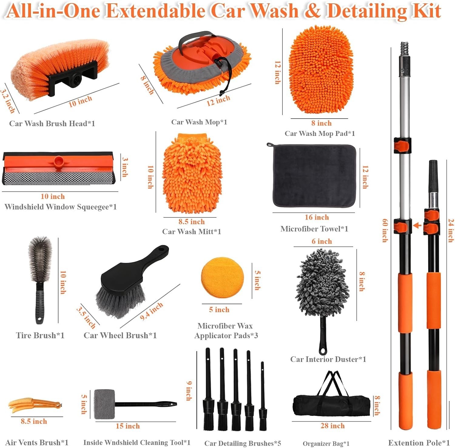 21Pcs Car Wash Kit with 60″ Heavy-Duty Extension Pole, Soft Car Wash Brush, W…