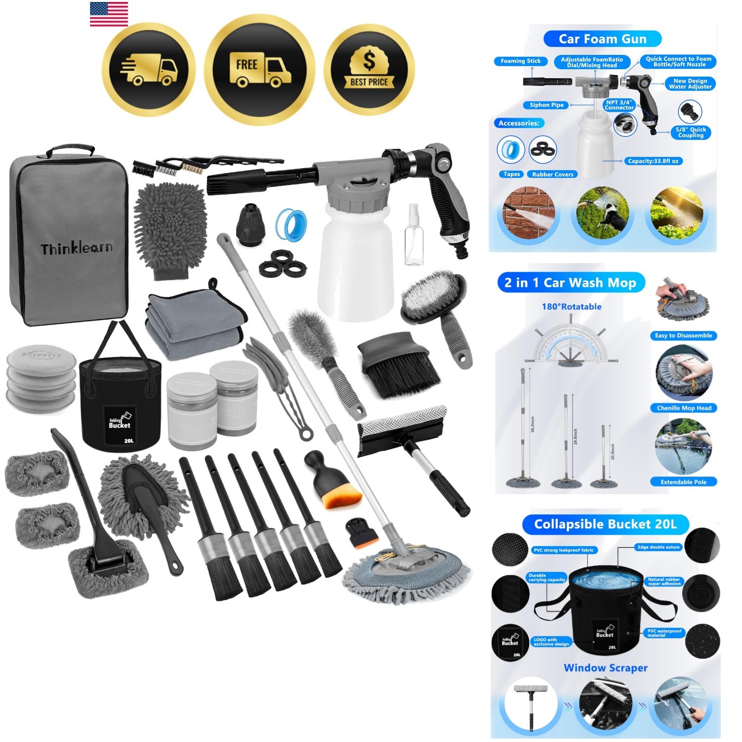Car Wash Detailing Kit with Foam Gun, Car Cleaning Kit Set,Car Wash Brush wit…