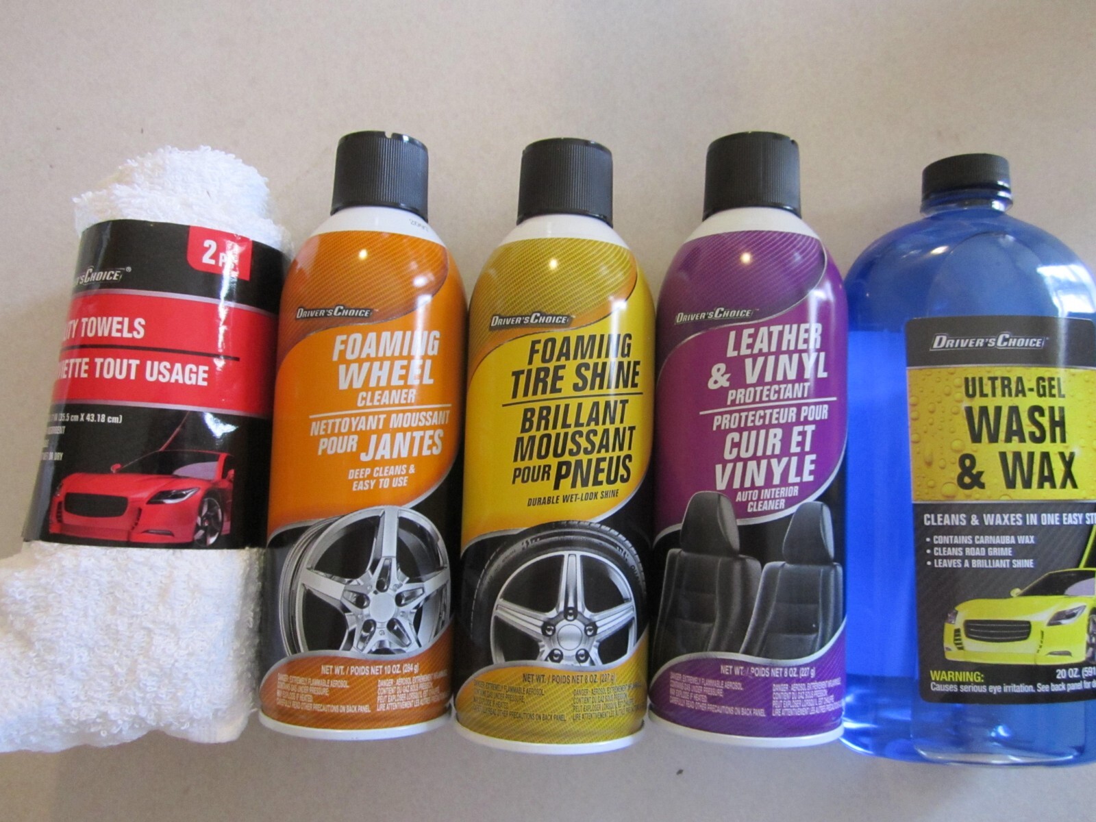Lot of 5 “Drivers Choice” Wash,Wheel cleaner,Tire Shine, Leather/Vinyl Protector
