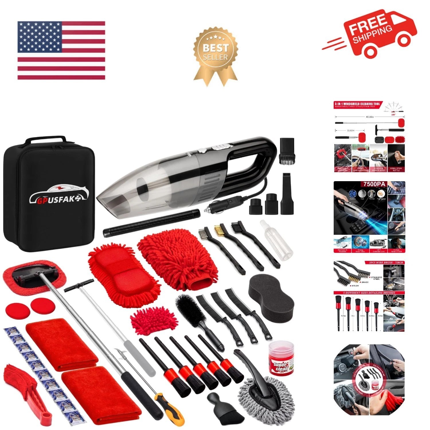45Pcs Car Wash Cleaning Kit with High Power Handheld Vacuum Windshield Cleani…