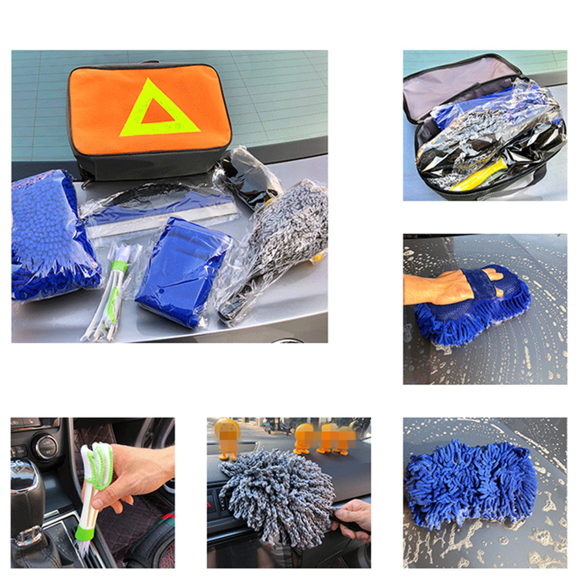 Car Washing Brush Set Towel Tire Wheel Gap Cleaning Tool Sponge Rub Kit W/Bag