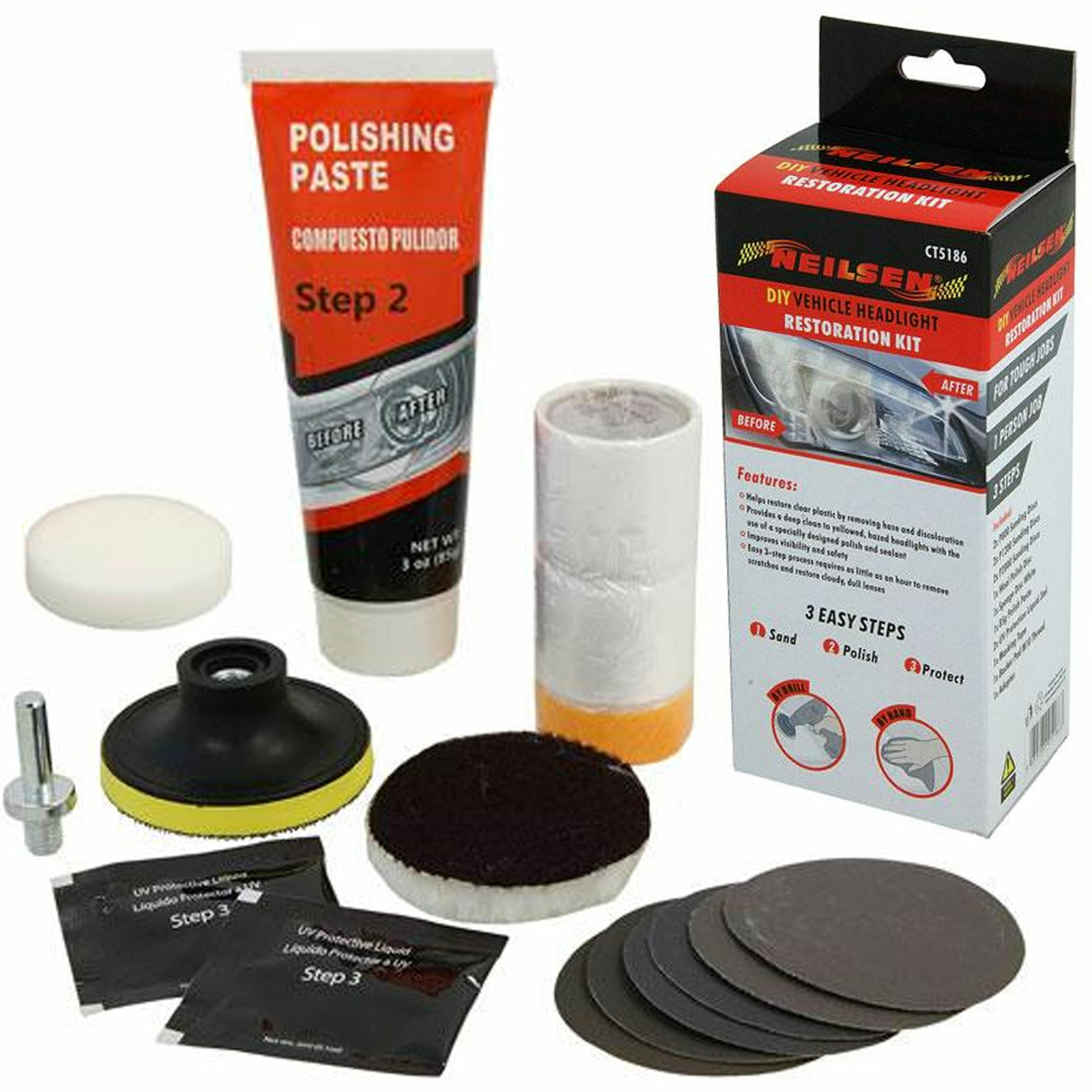 Neilsen Dull Headlight Restoration Car Headlamp Lens Restore Polish Cleaner Kit