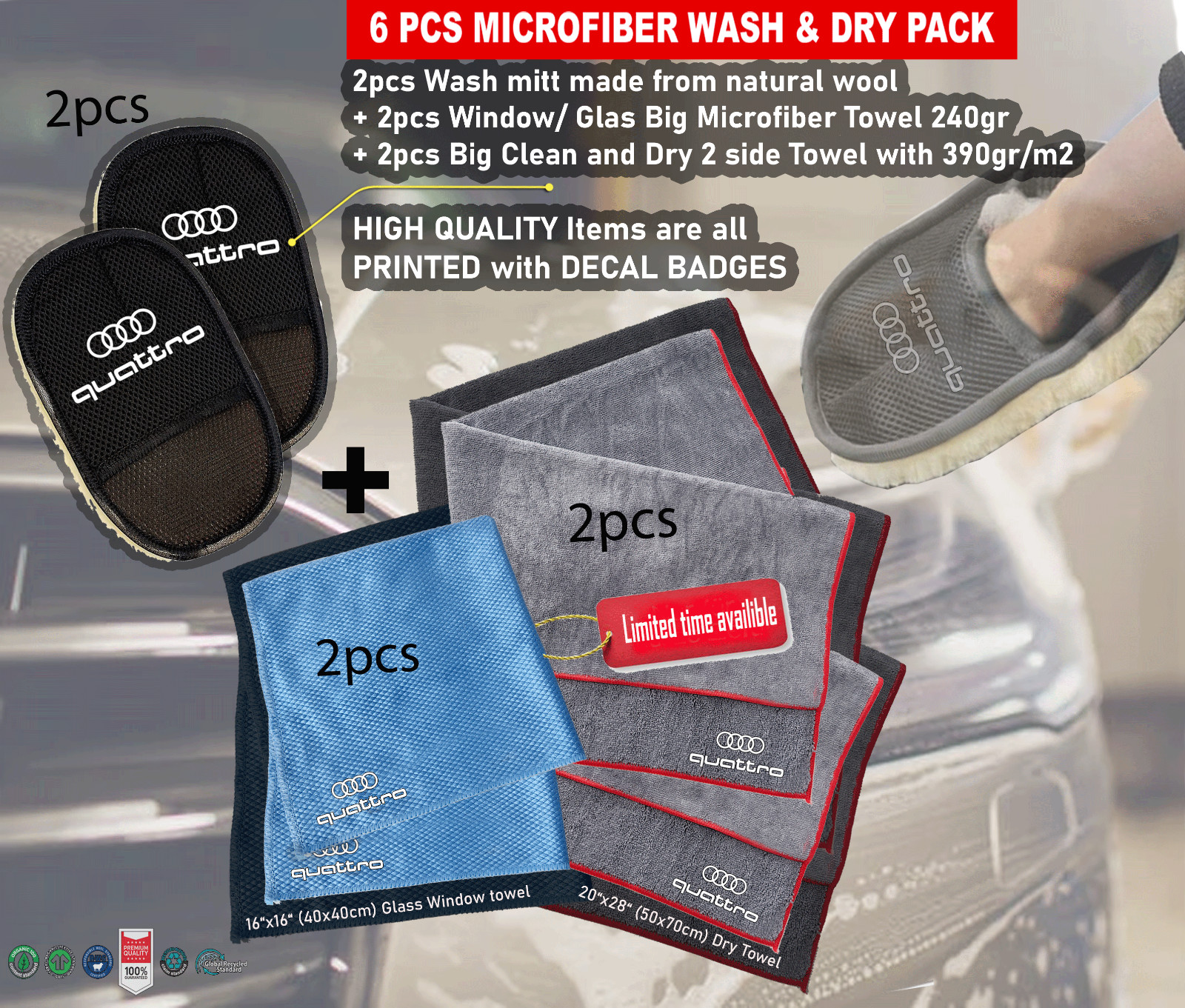 6Pack Car care Microfiber Detailing For Quattro Wash Mitt dry Towel Cleaning