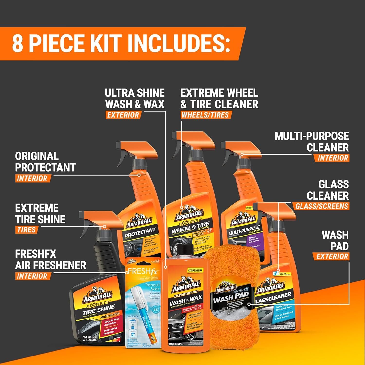 “Armor All Premier Car Care Kit – 8pc Wash, Wax, Glass, Tire & Air Freshener”