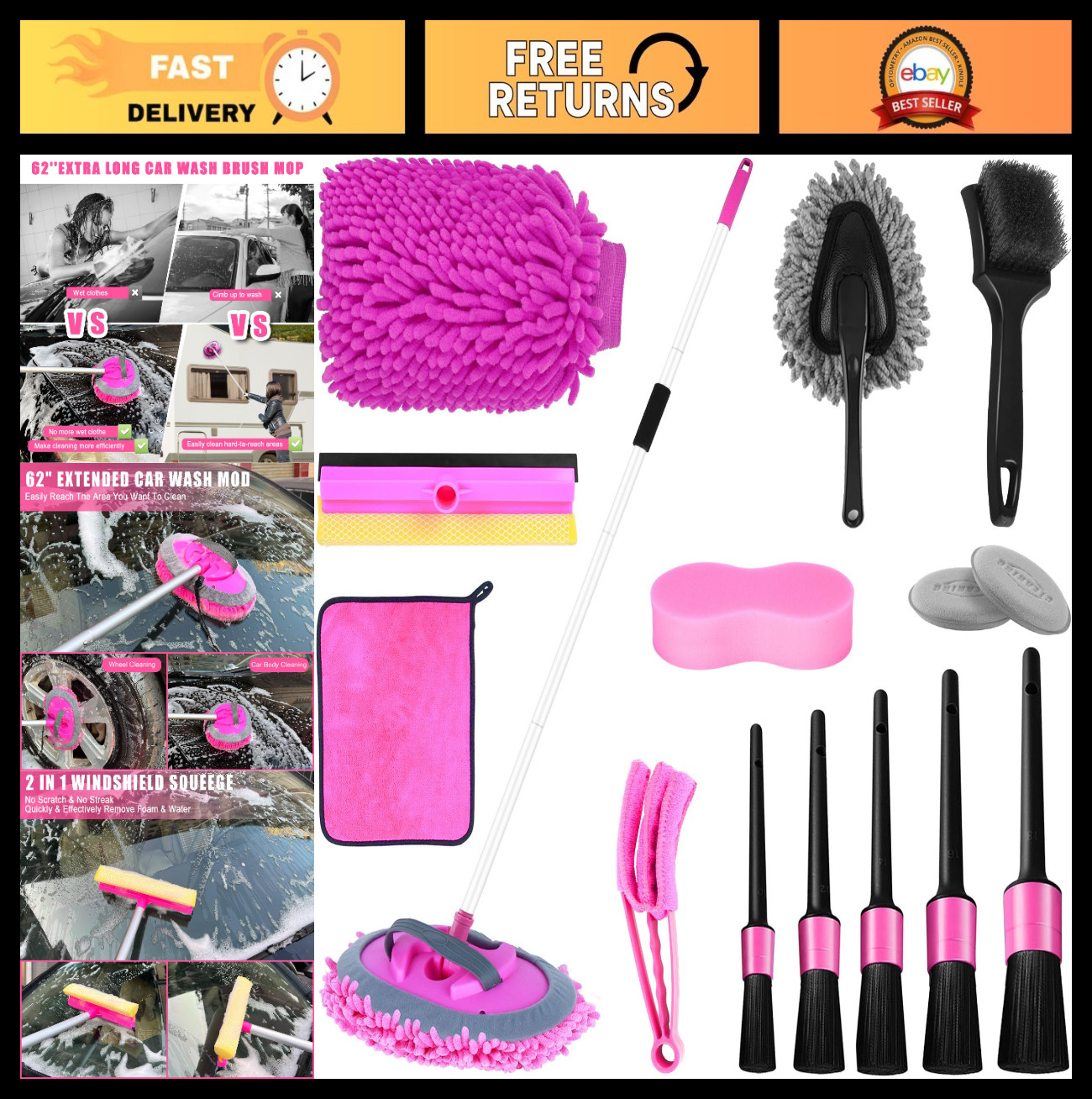 62″ Pink Car Wash Brush with Long Handle, Microfiber Mop, Squeegee & Detailing K