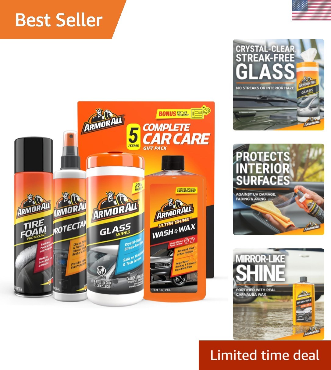 Complete Car Care Kit – Streak-Free Glass Wipes, Natural Tire Foam & Protectant