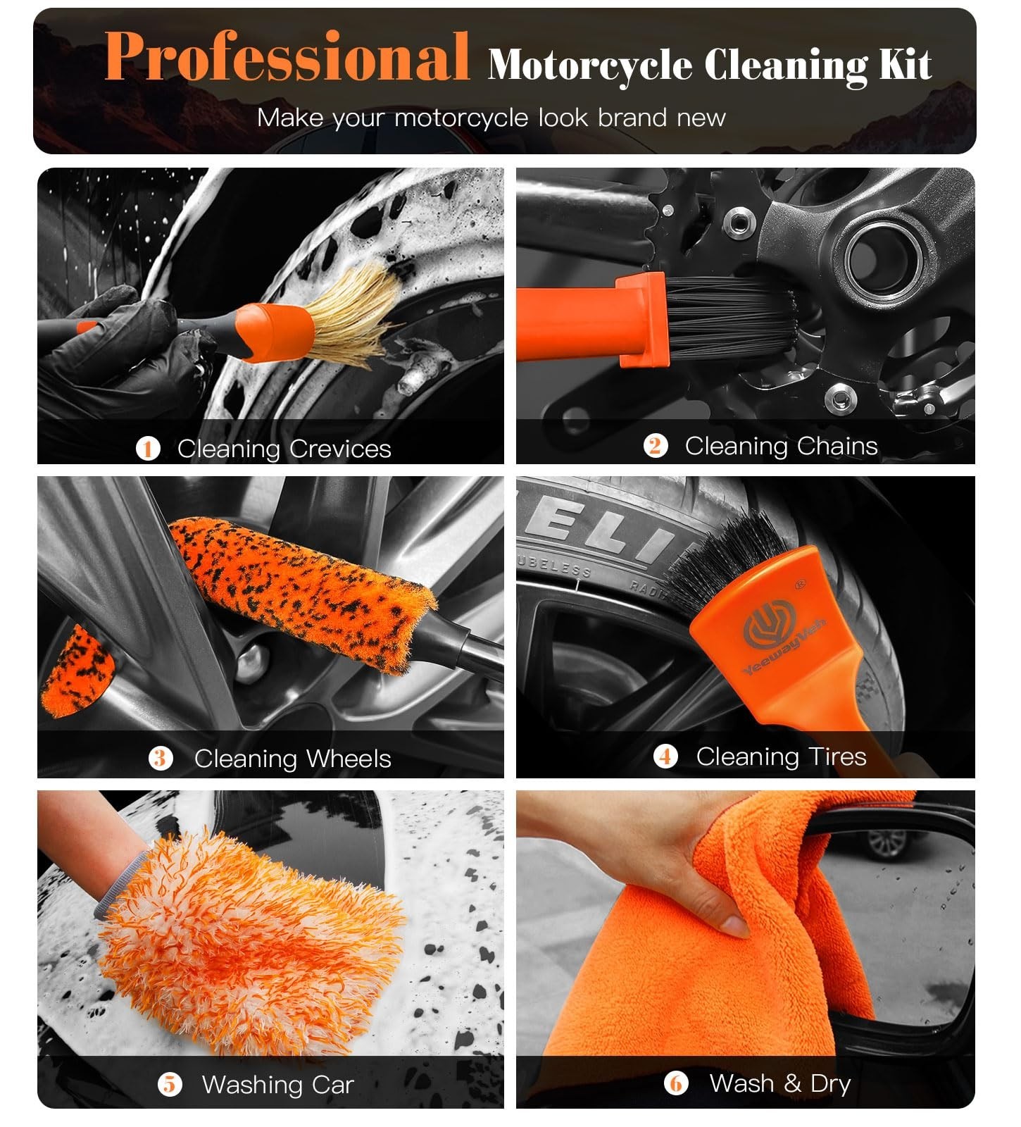 7PCS Motorcycle Cleaning Kit – Bendable Wheel Brushes, Tire & Chain Brush, Micro