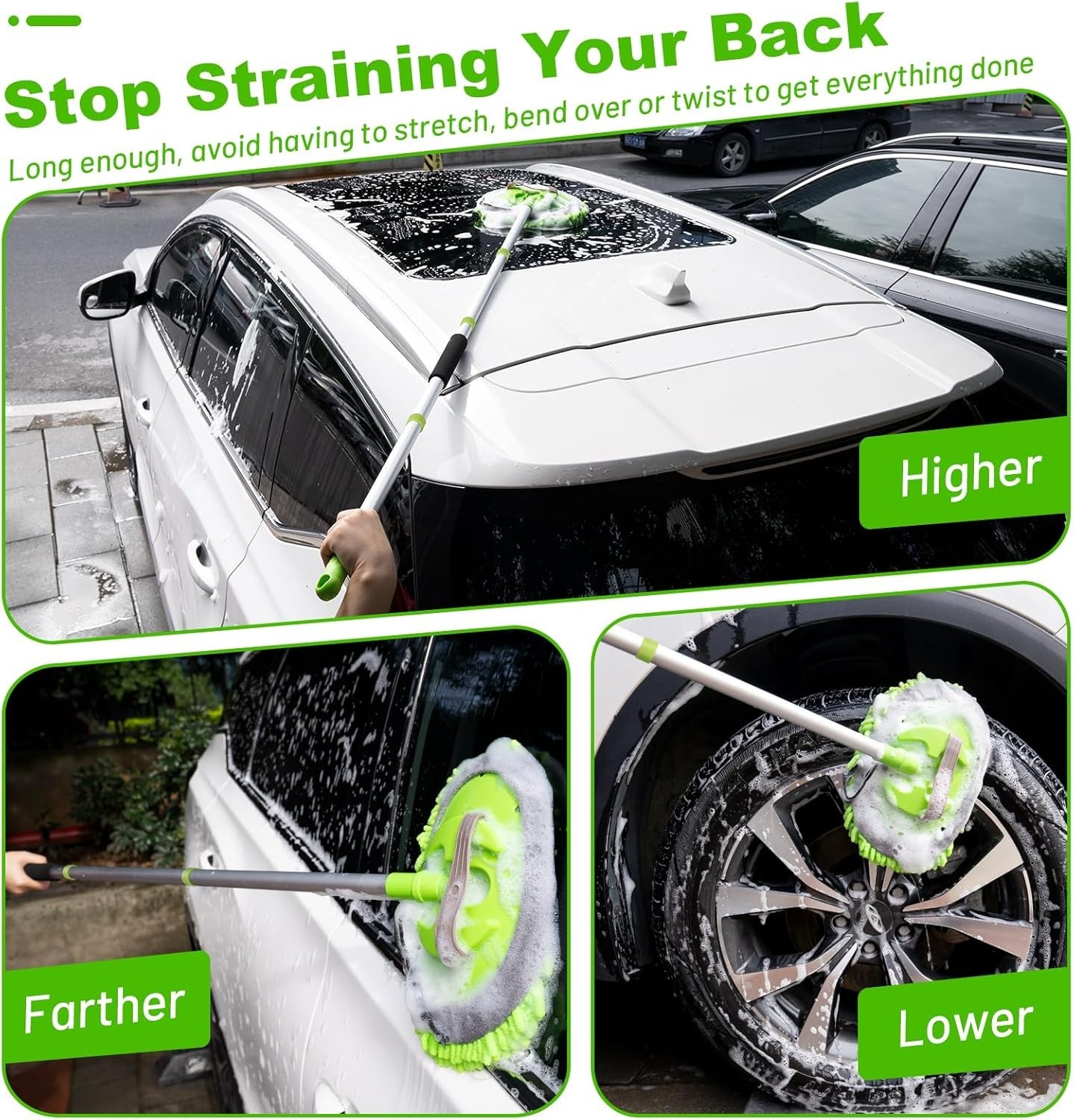Car Wash Mop Kit with Long Handle Microfiber Brush & Scratch-Free Sponge Mitt
