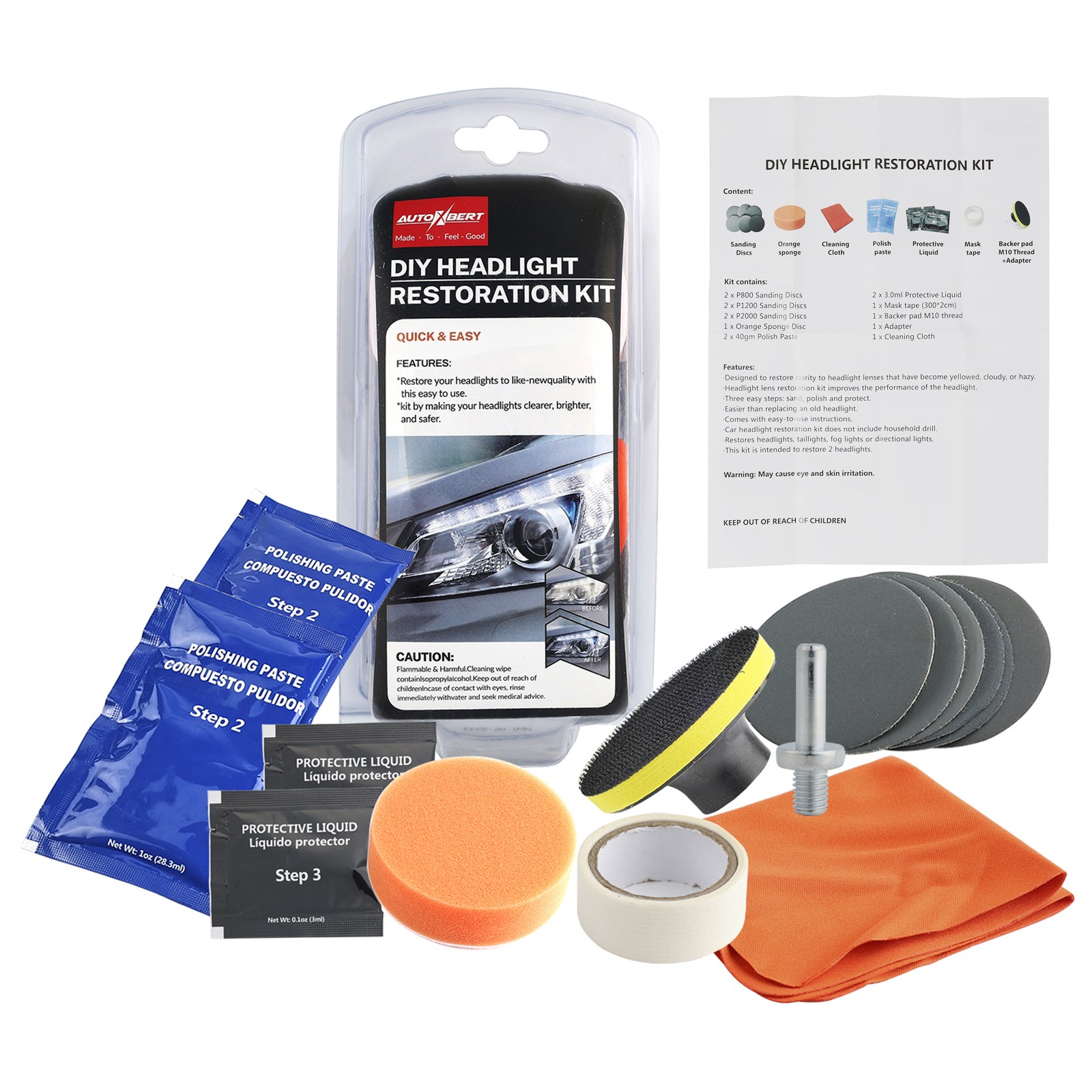 Heavy Duty Headlight Restoration Kit.Car Lens Lamp Cleaning Sanding Repair Tools