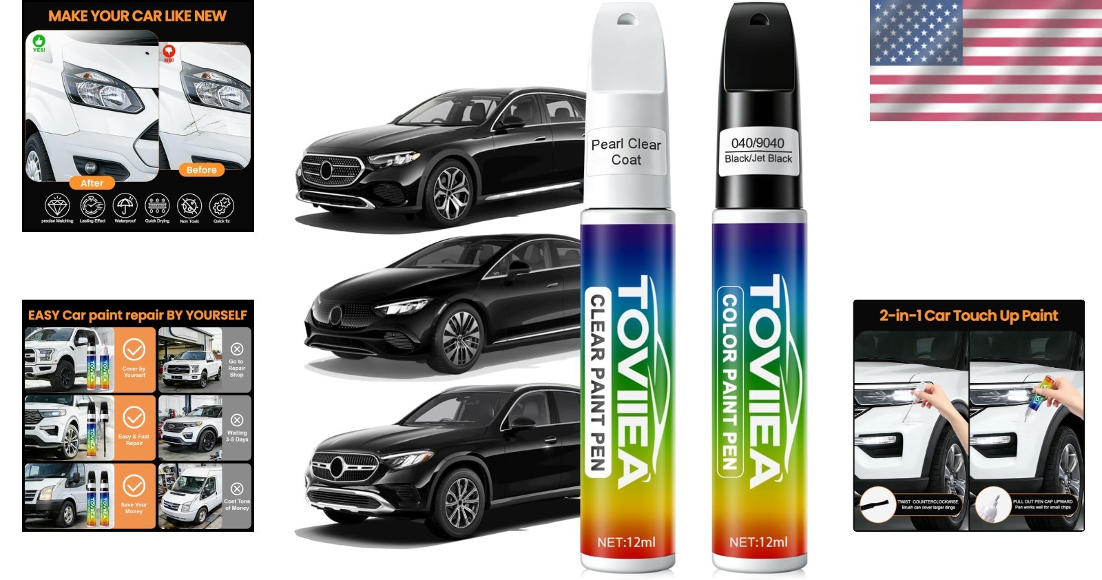 Car Touch Up Paint Compatible with Mercedes-Benz 040/9040 Black 0.4 Fl Oz 2-Pcs