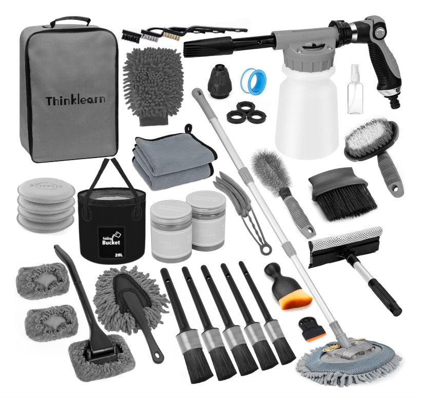 Car Wash Detailing Kit w/Foam Gun Cleaning Set, Brush Folding Bucket Long Handle