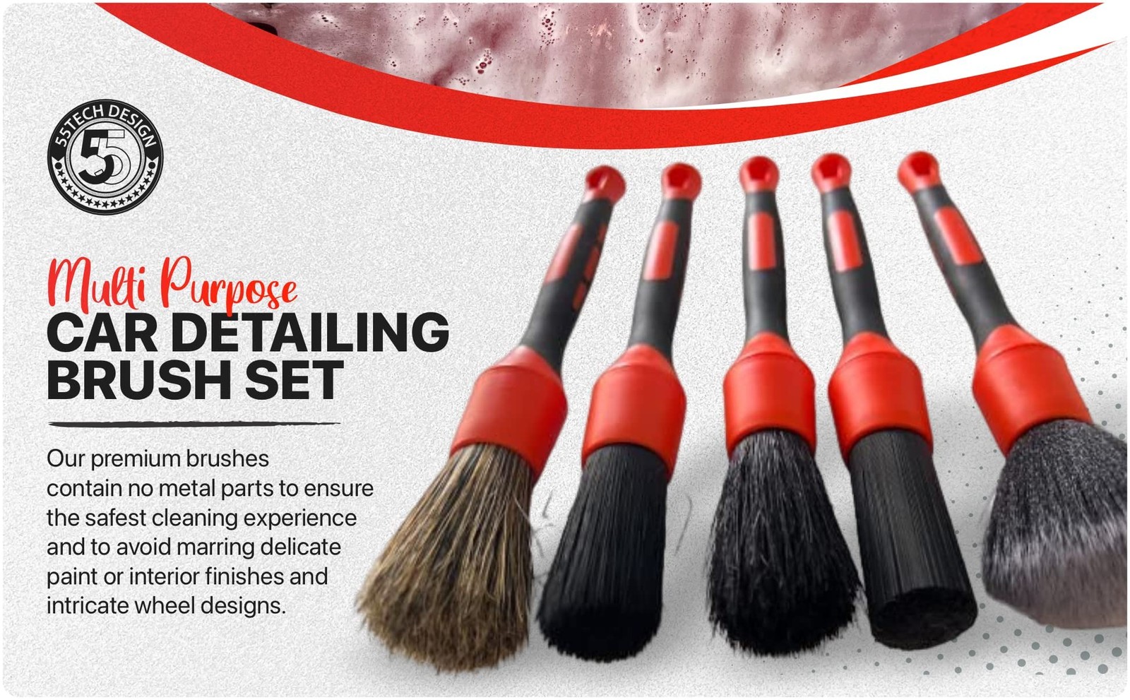 55tech Preimum Car Detailing Brush Set – 5 Pack Auto Detail Full Size, orange