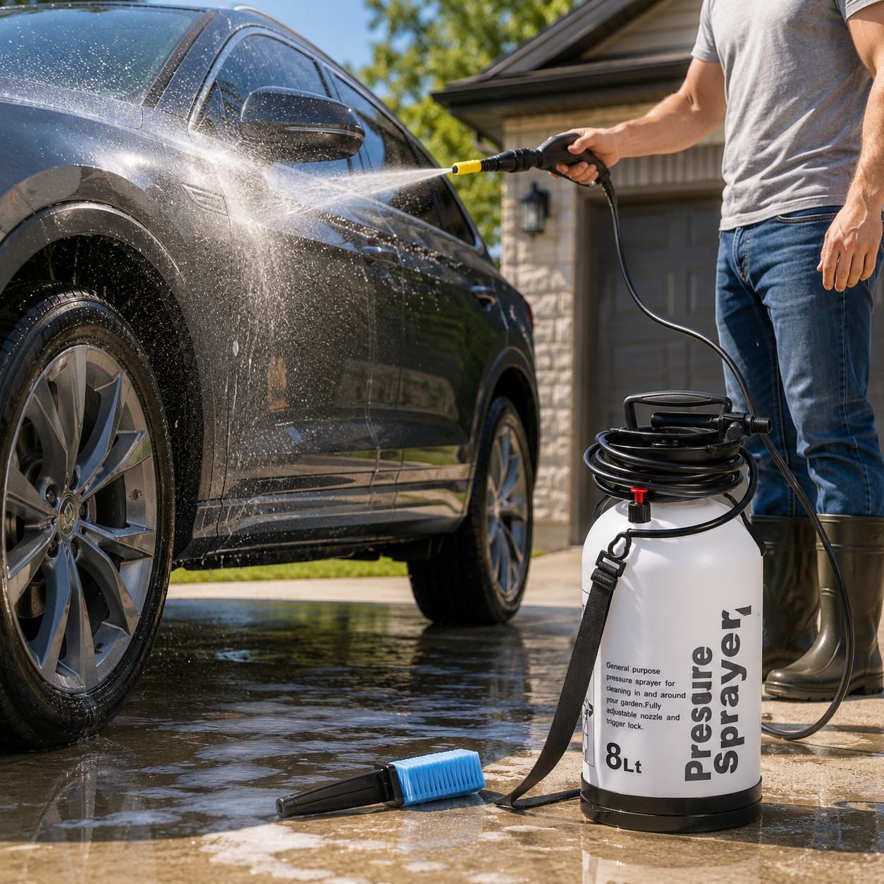 Portable Pressure Power Washer Pump 8L Spray Jet Car Wash Cleaner Brush