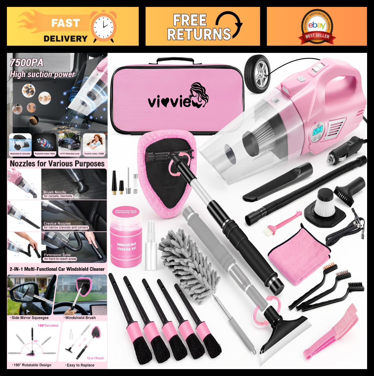 25Pcs Pink Car Cleaning Kit – 4-in-1 Vacuum, Detailing Brushes & Windshield Tool