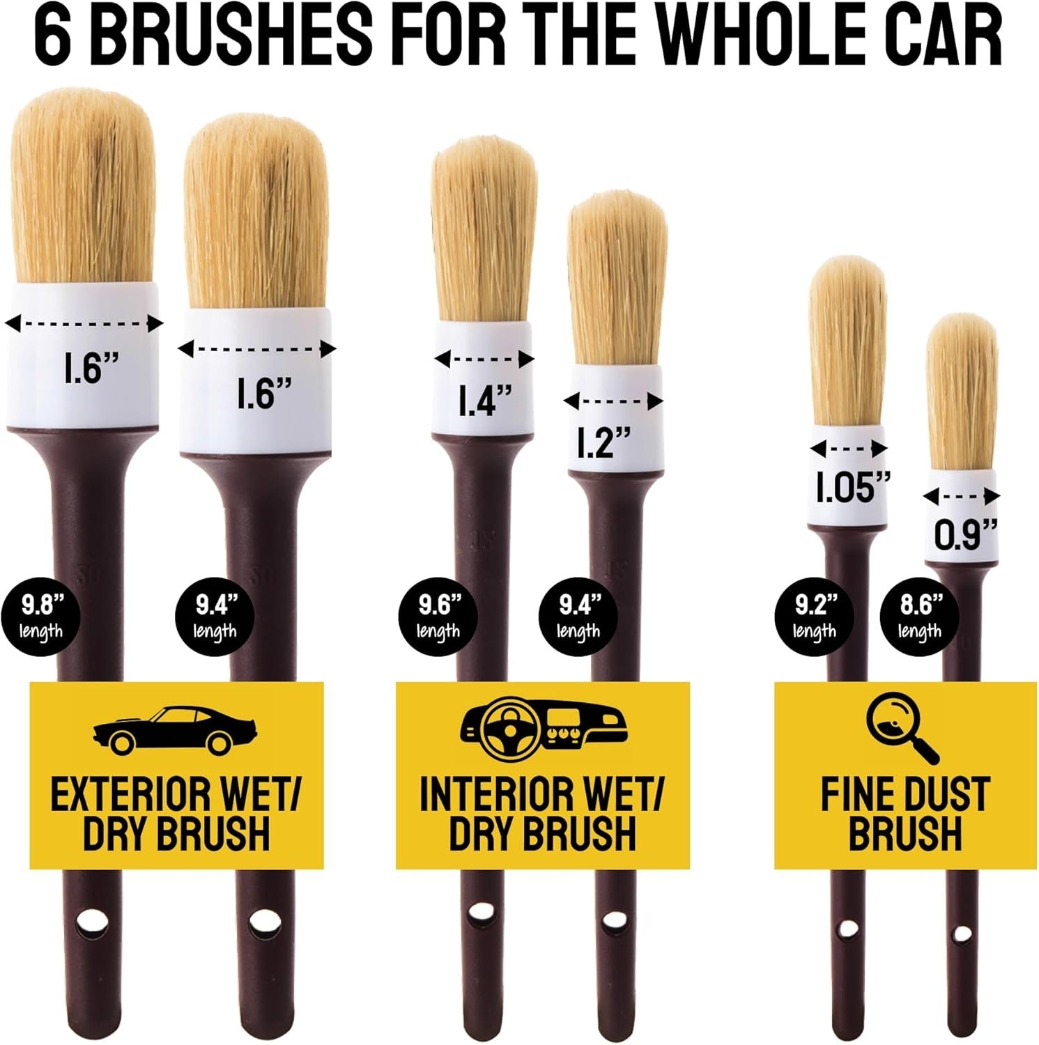 Car Detailing Brush Set 9-pc – Boars Hair Brushes Plus Wheel Cleaner, Tire Br…