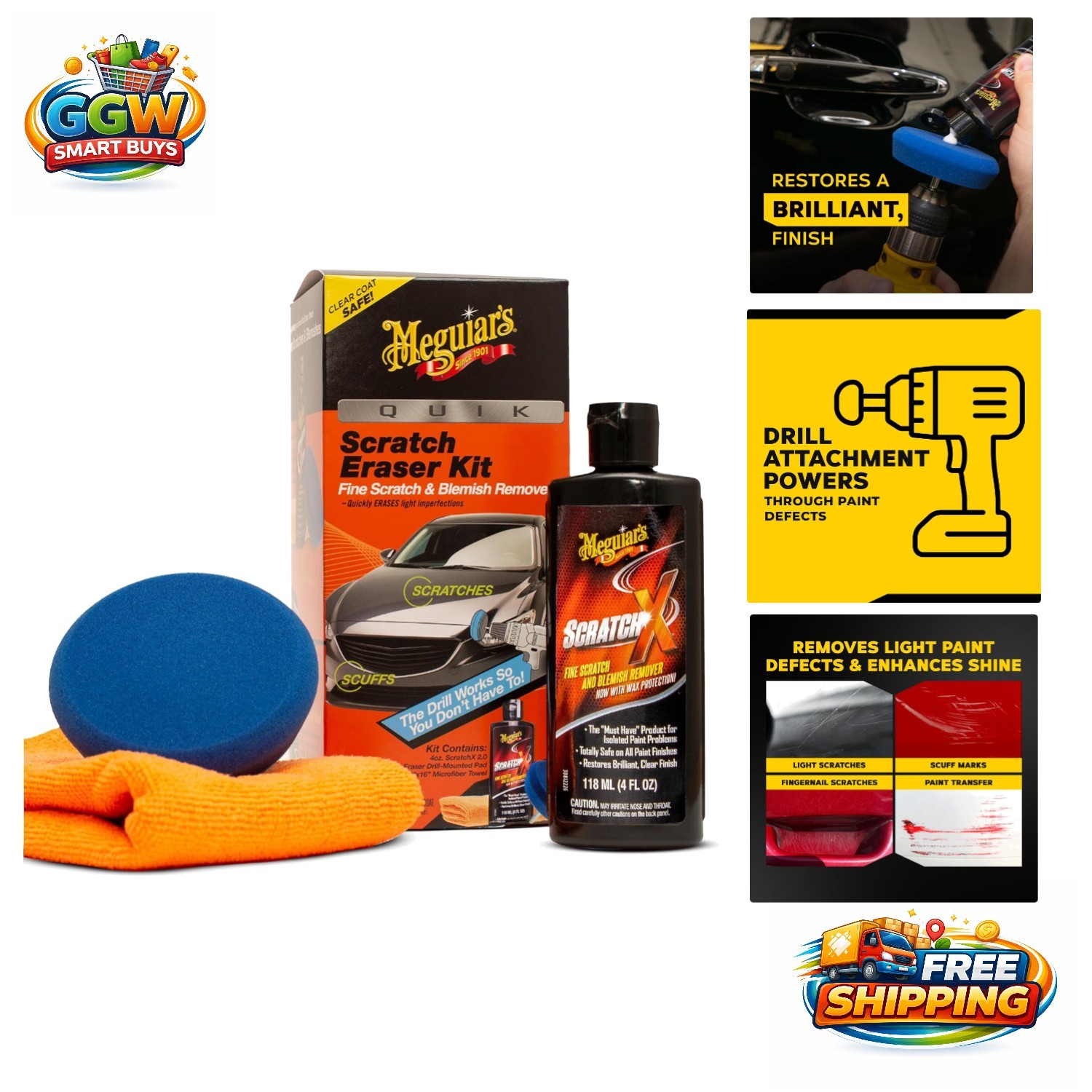 Effortless Car Scratch Repair Kit with Drill-Mounted Pad & Microfiber Towel