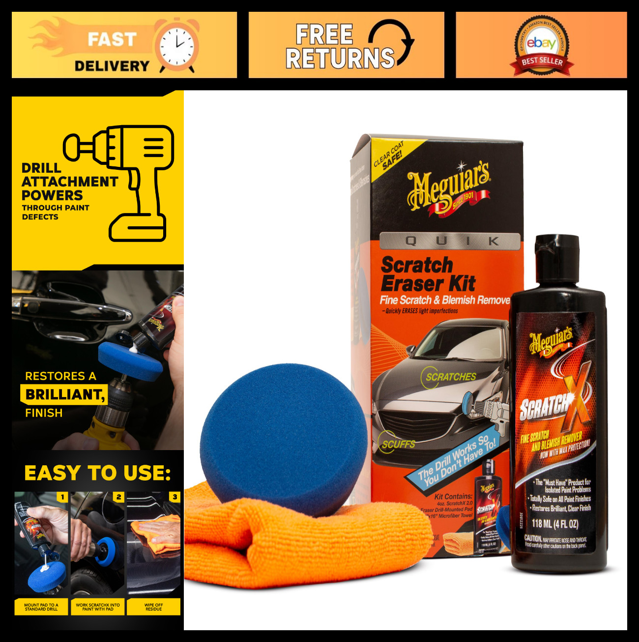 Car Scratch Repair Kit – Quik Eraser for Surface Blemishes, ScratchX, Drill Pad