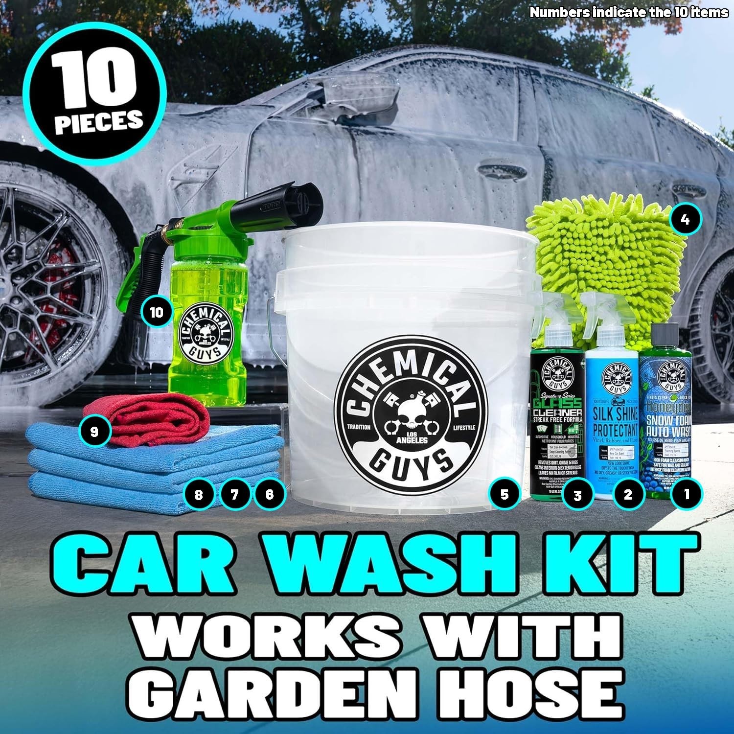 10-Piece Car Wash Kit with Foam Gun, Bucket & 3 Car Care Products – Garden Hose