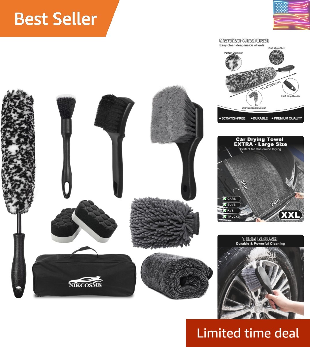 9Pcs Car Wheel & Tire Brush Kit, Wheel Cleaner Brush, Soft-bristled Rim Brush…