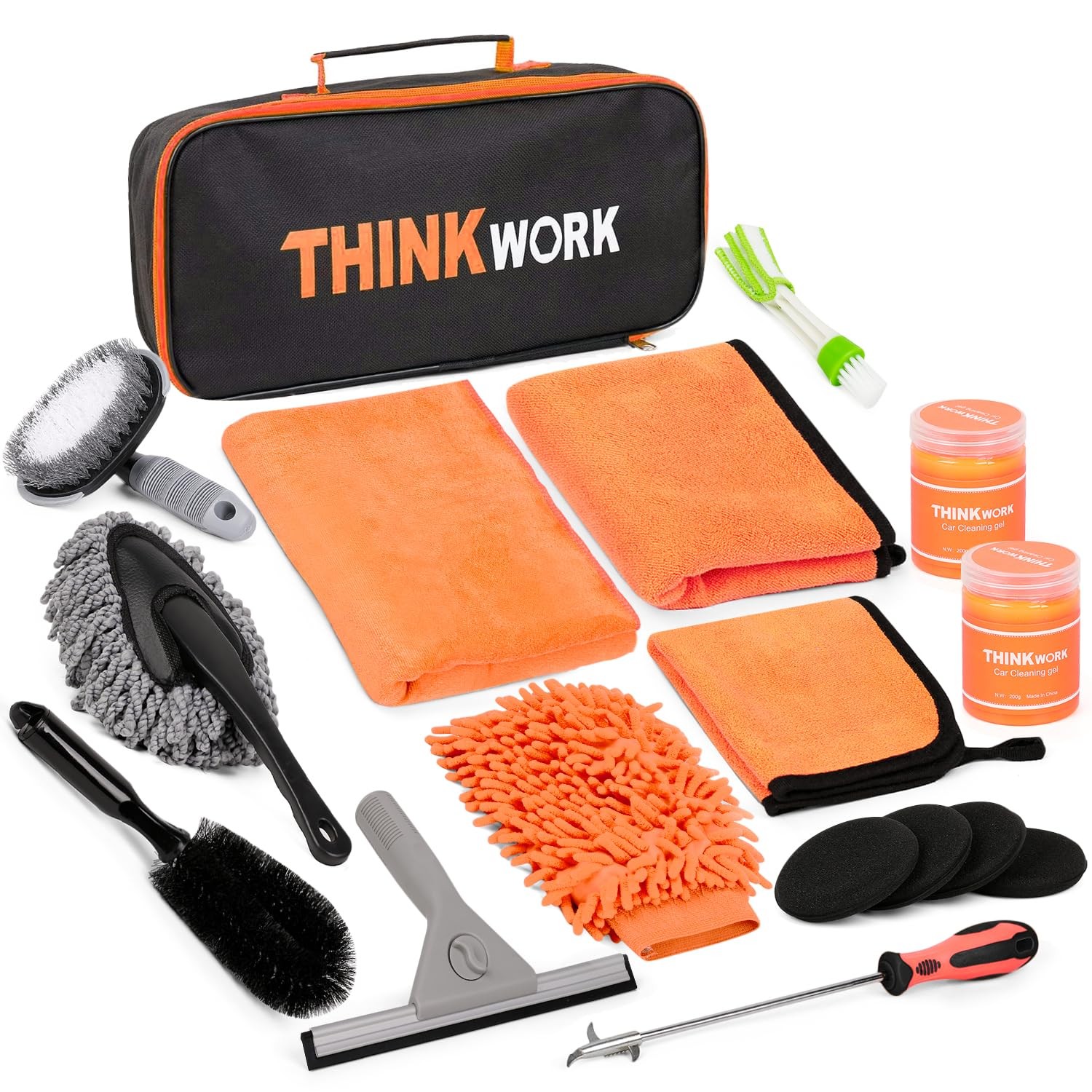 THINKWORK Car Detailing Kit, Microfiber Cleaning Tools with Storage Bag Orange