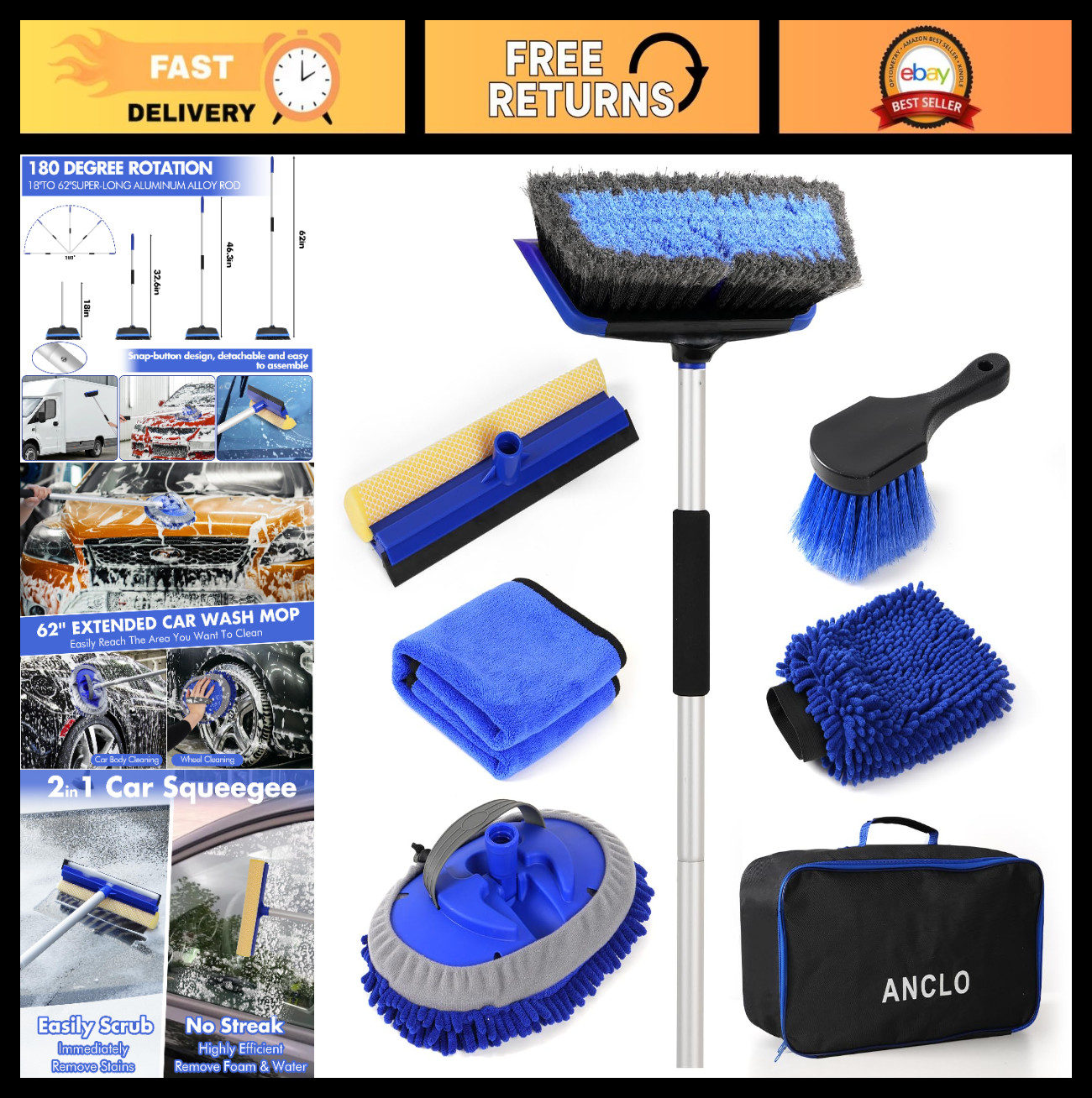 62” Long Handle Car Wash Brush Kit – Scratch-Free Mop, Tire Brush, Mitt & Squee