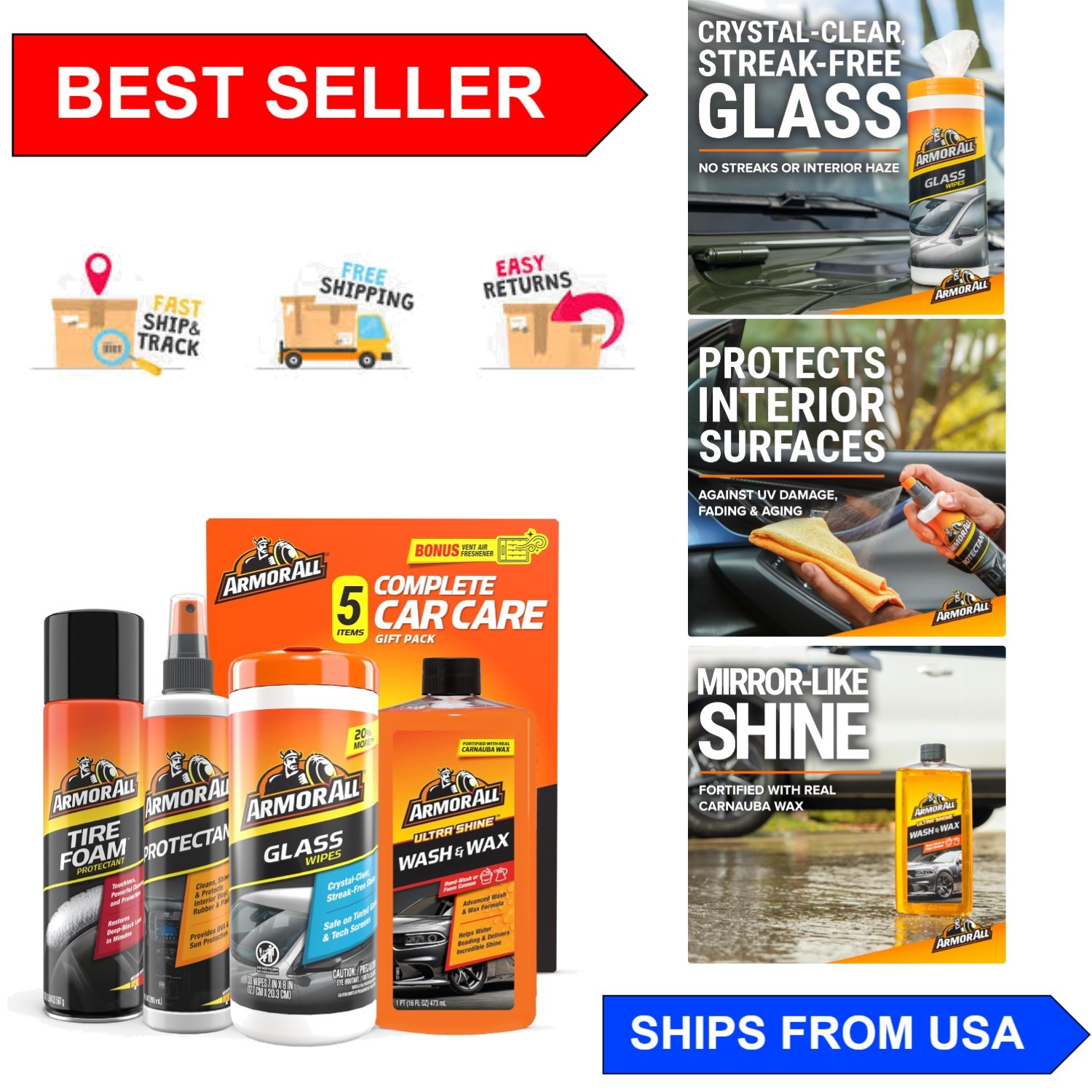 Complete Car Care Kit: UV Protectant, Glass Wipes, Tire Foam & Wash Concentrate