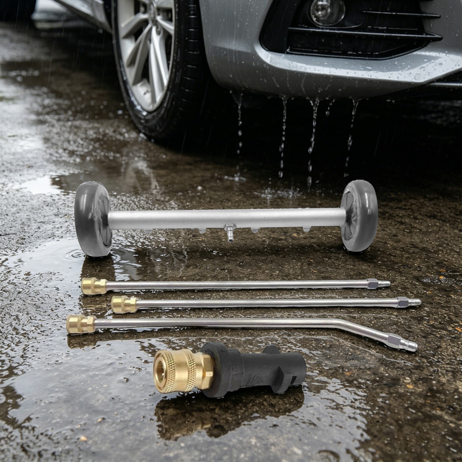 2-in-1 Under Car Cleaning Tool With Wheels, High Pressure Water Spray Broom