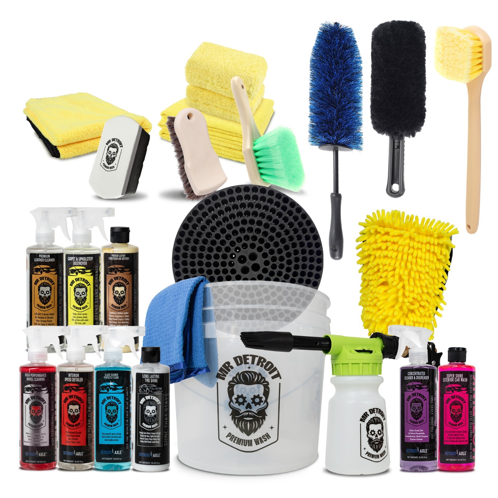 Mr. Detroit – 23pc Auto Detailing Kit – Foam Cannon, Towel, Wheel Brush, Cleaner
