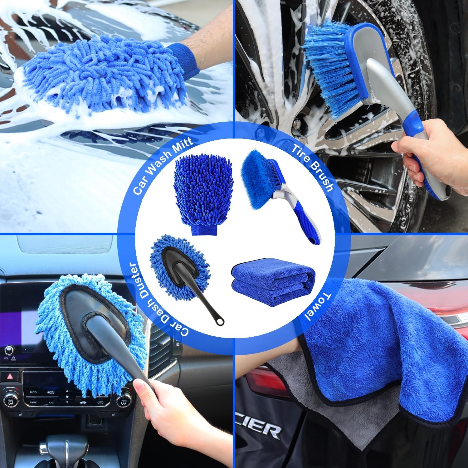 62″ Car Wash Brush Kit – Long Handle Mitt, Scratch-Free Head, Squeegee & Duster