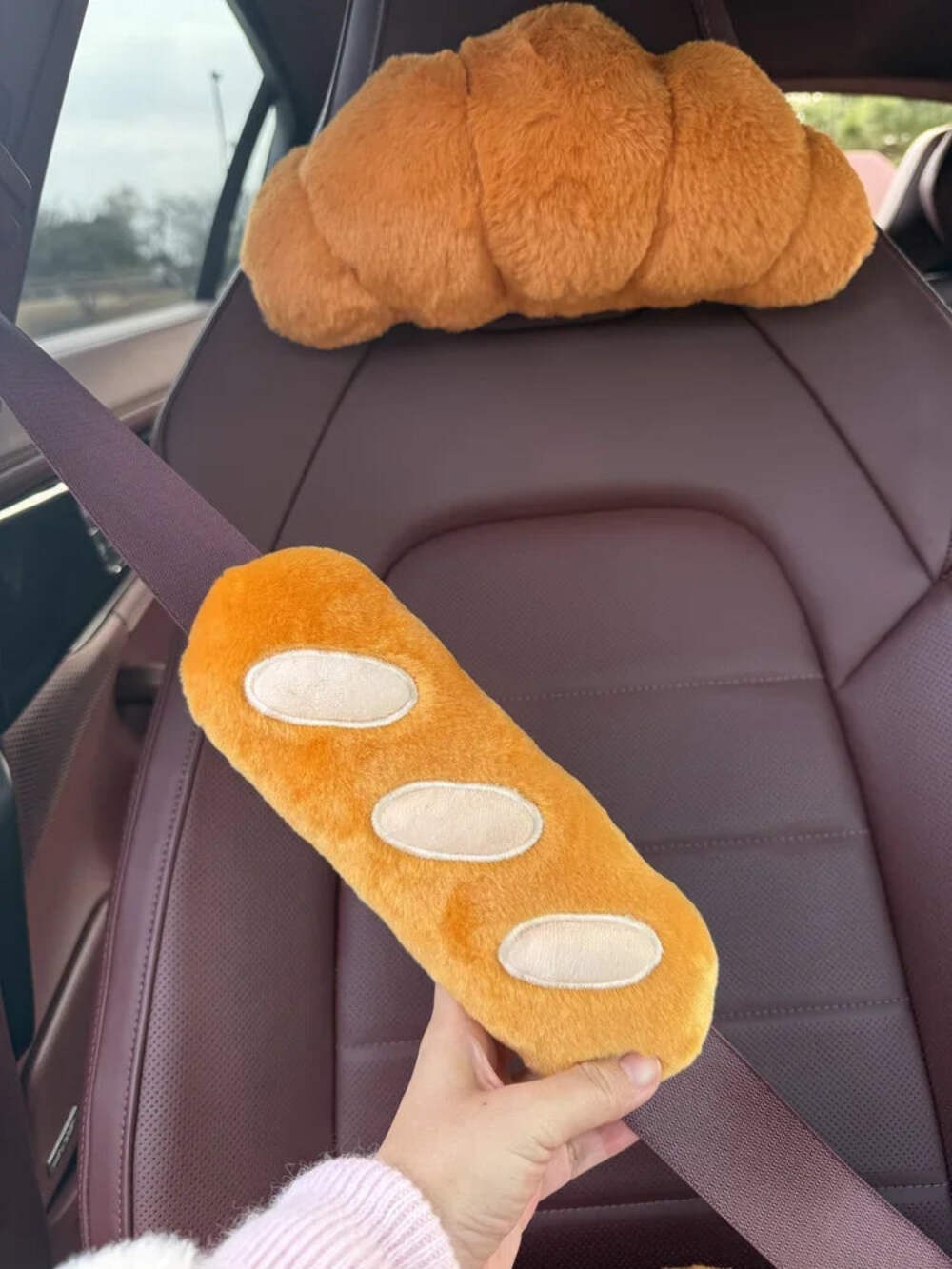 Cute Croissant Car Headrest Neck Pillow Plush Bread Seat Belt Cover Head