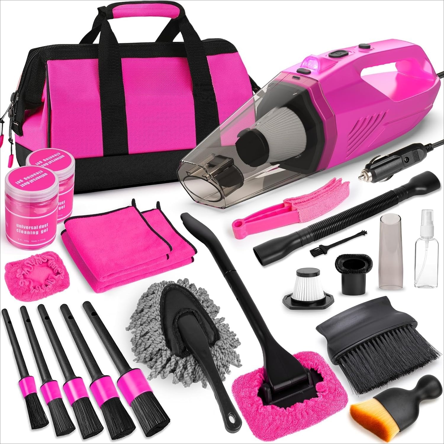 Car Cleaning Kit, Car Vacuum Detailing Kit Pink Car Accessories for Women