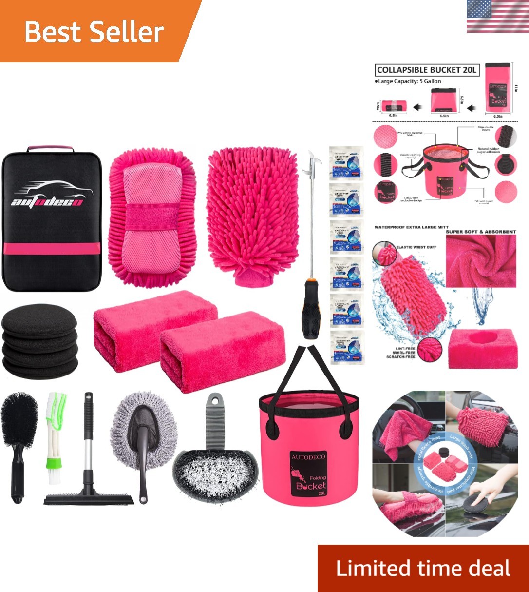 22-Pcs Elegant Pink Car Wash Cleaning Kit with Collapsible Bucket – Complete Set