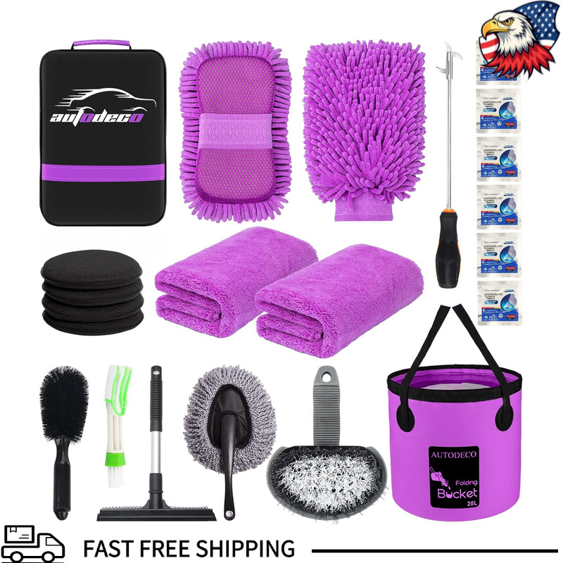 22Pcs Car Wash Cleaning Tools Kit Canvas Bag, Purple Collapsible Bucket, Wash Mi