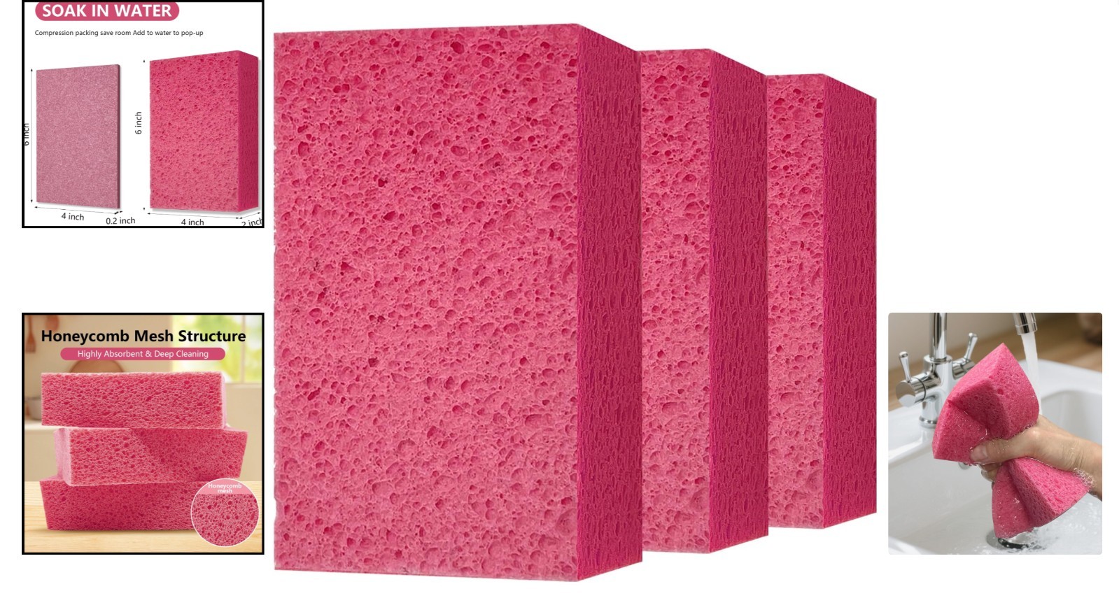 Large Pink Multi-Purpose Cleaning Sponges for Car Kitchen Bathroom 3 Pack
