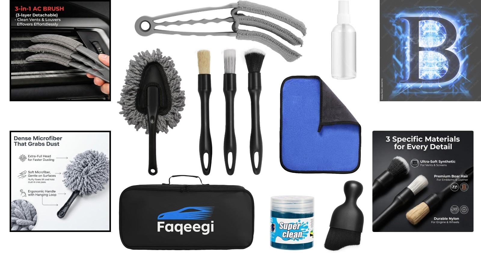 10-Piece Car Interior Cleaning Kit – 3 Natural Boar Hair Brushes, 3-in-1 AC V…