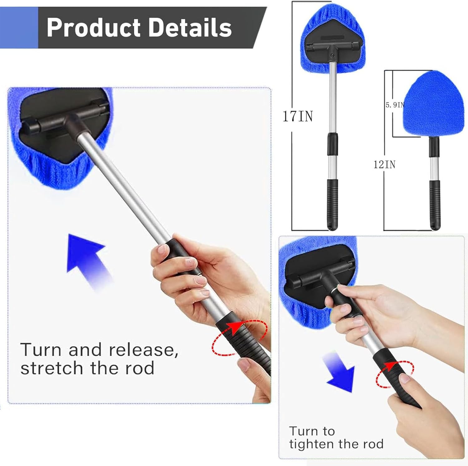 Windshield Cleaning Tool, Car Window Cleaner with 4 Microfiber Pads (Dark Blue)