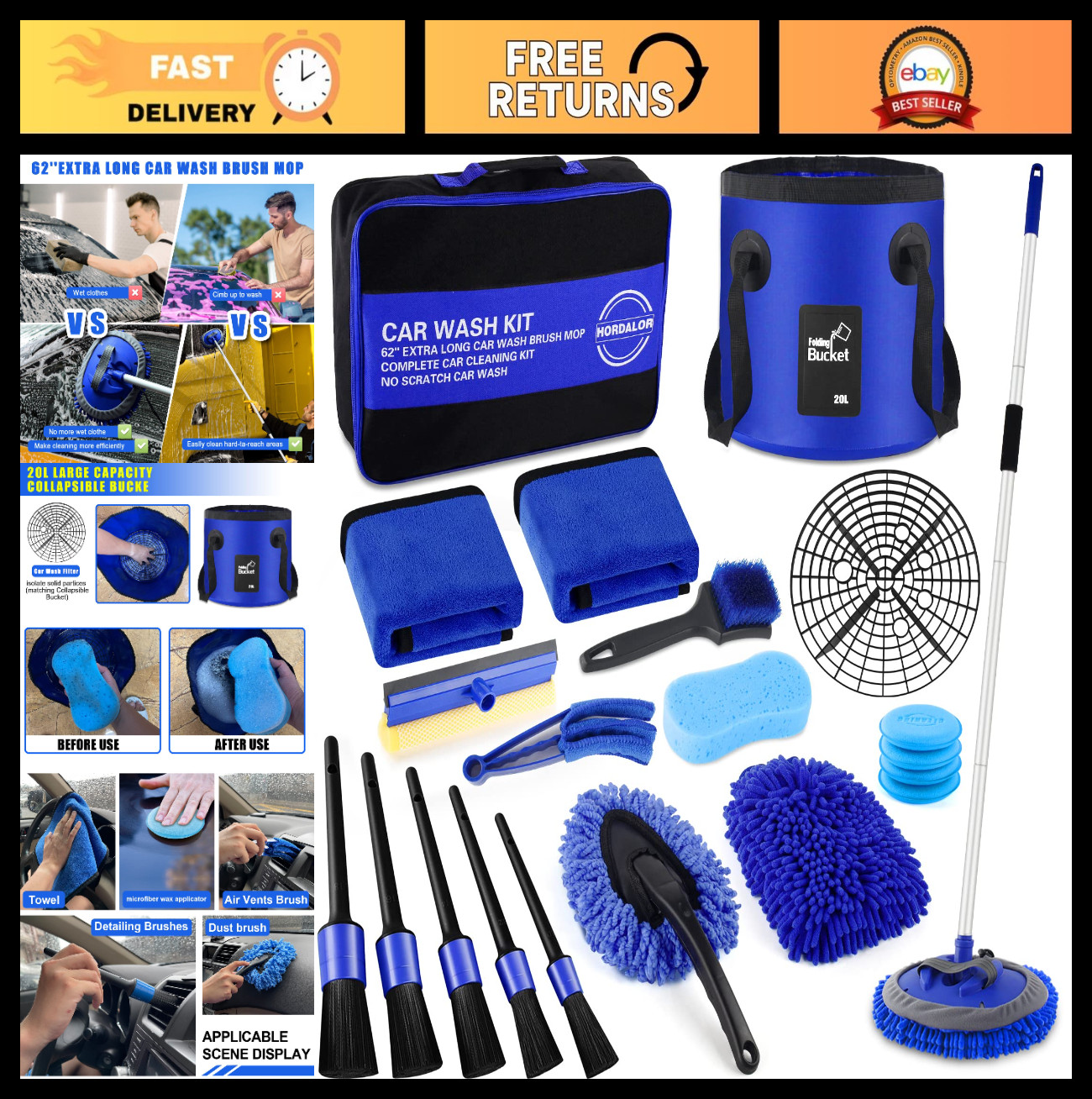 21Pcs Car Wash Kit – 62″ Long Handle Brush, Detailing Brushes, Bucket & Squeegee