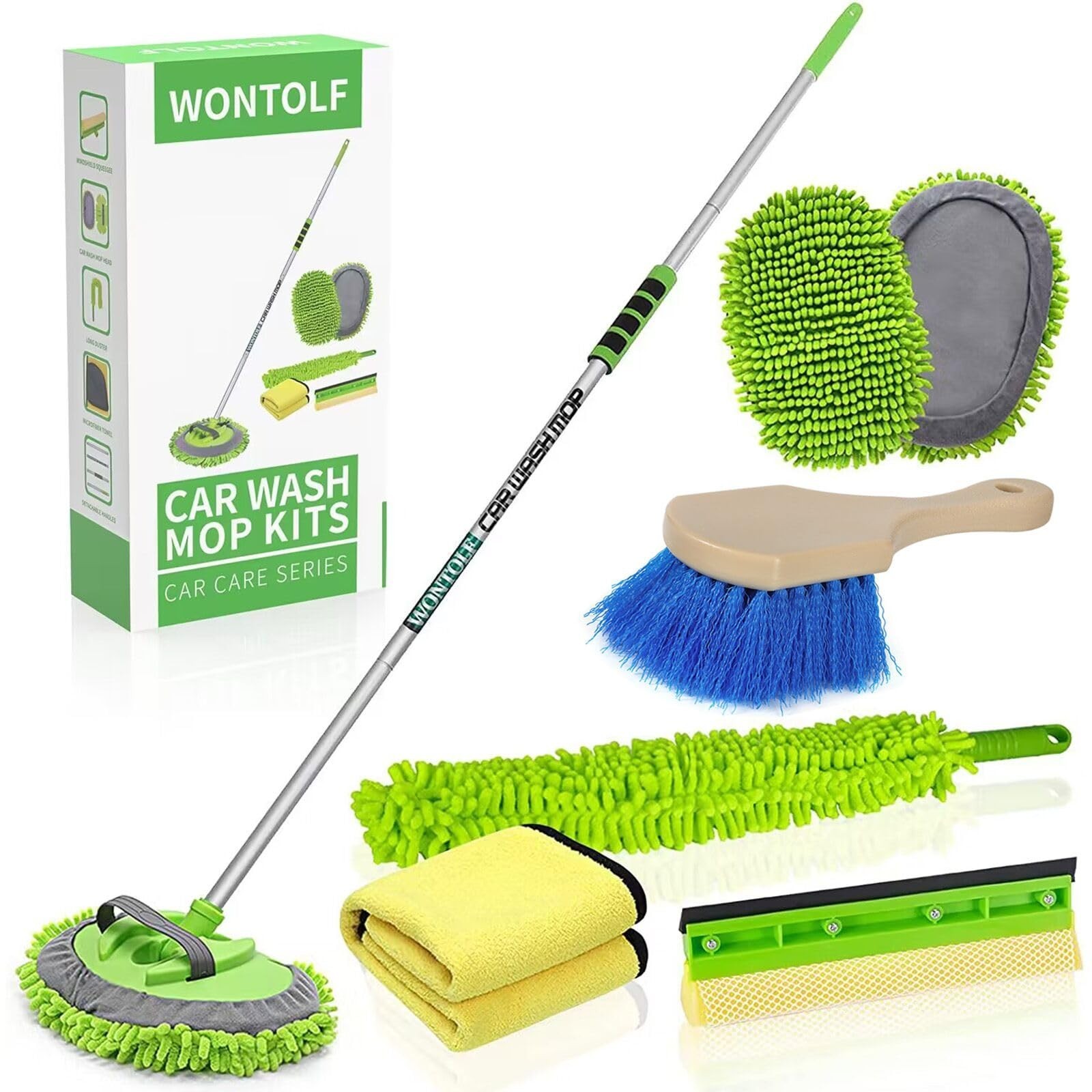 62″ Car Wash Brush Kit – Long Handle Microfiber Mop, Squeegee, Towels & Tire Bru