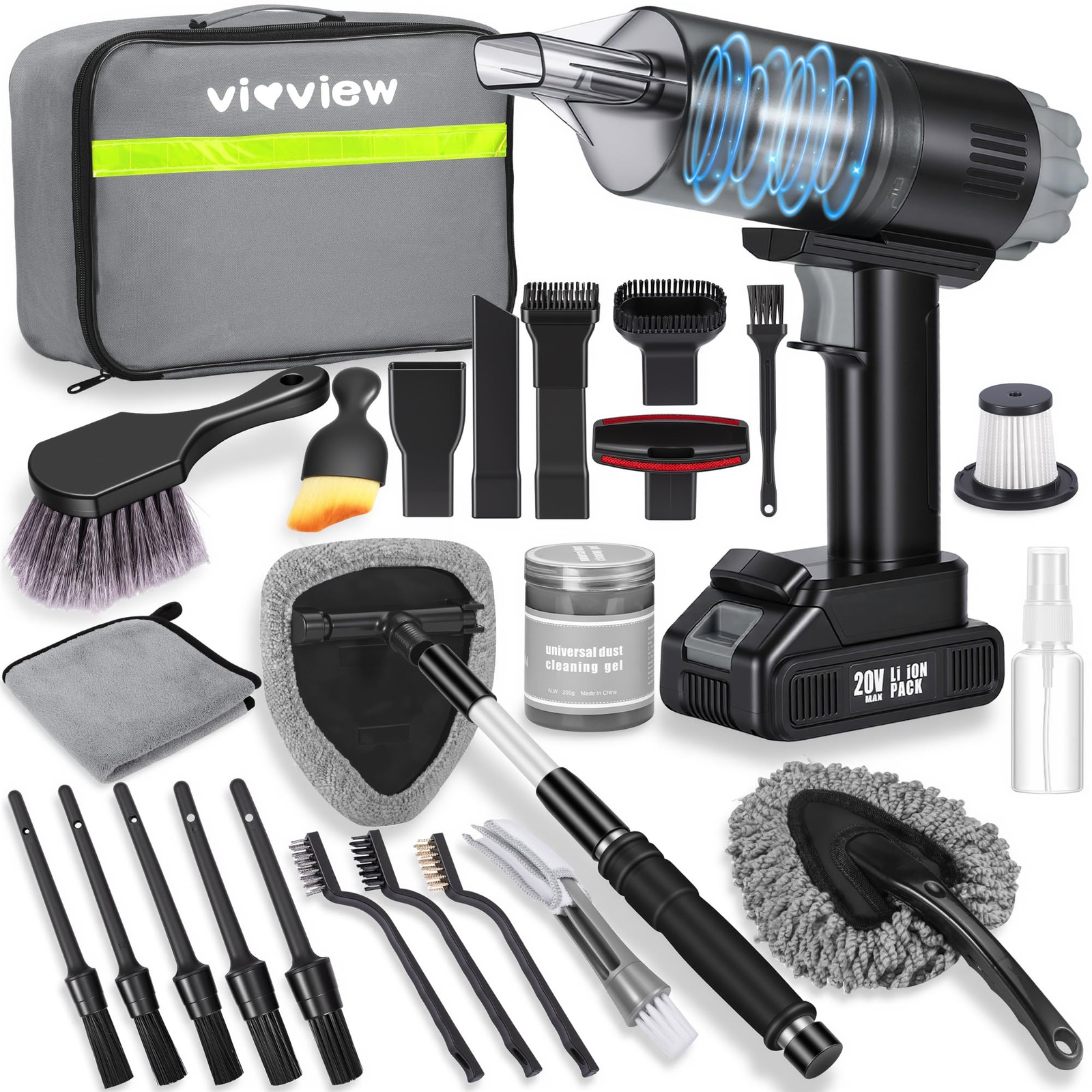 Car Cleaning Kit 26Pcs Portable Cordless Handheld Vacuum Grey LT0701 vioview