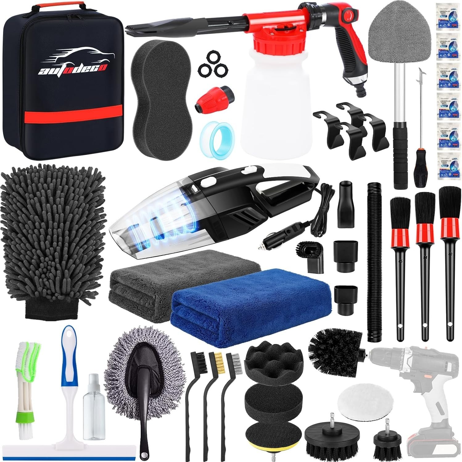 40PCS Car Wash Detailing Kit Foam Gun Vacuum Brushes Towels Interior Exterior