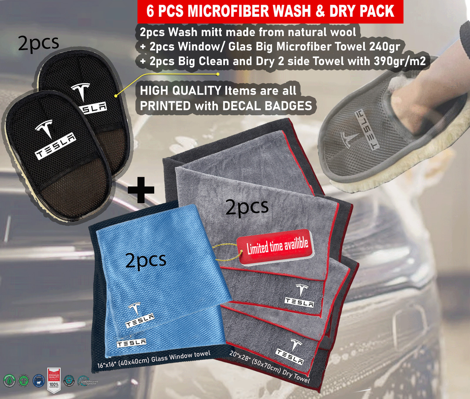 6Pack Car care Microfiber Detailing For Tesla Wash Mitt dry Towel Cleaning