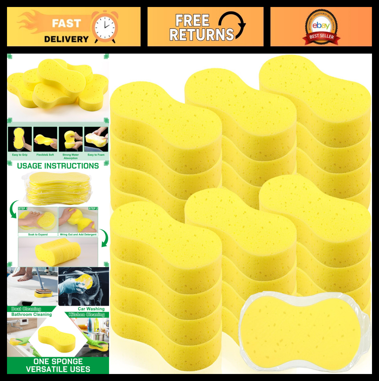 24 Pack Large Car Wash Sponges – All-Purpose Thick Foam Scrubber for Auto, Boat,