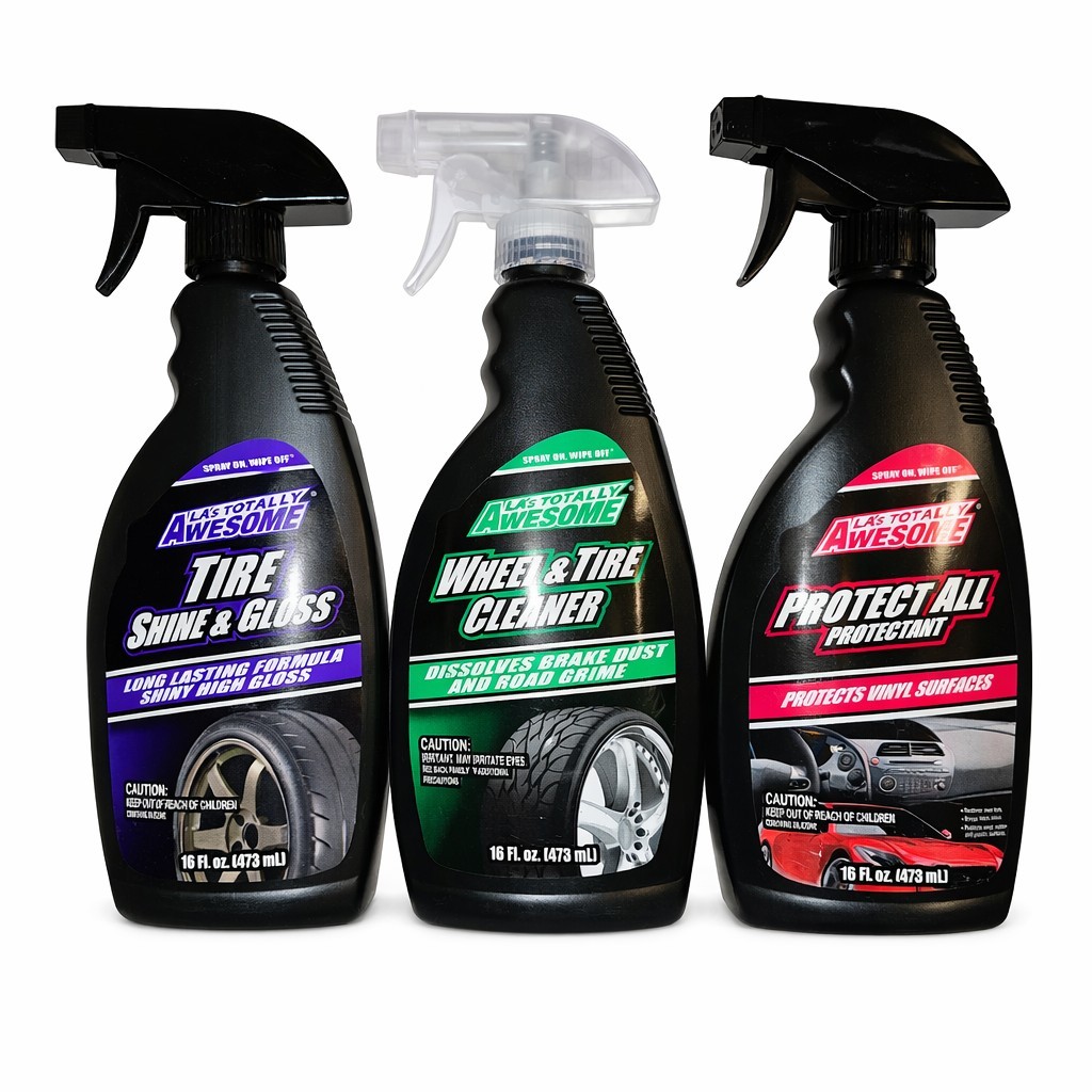 LAS TOTALLY AWESOME Car Care Kit Tire Shine Wheel Cleaner Protectant 3 Pk Bundle
